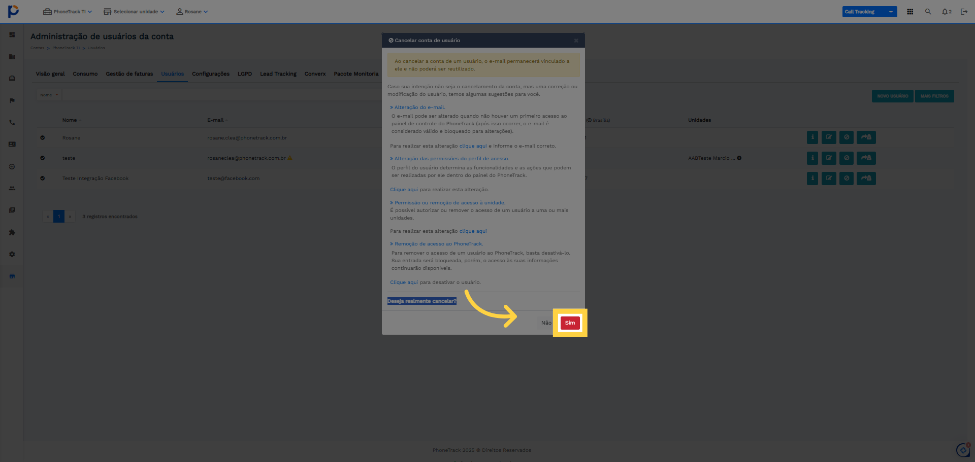 Confirme Remoção Do Usuário