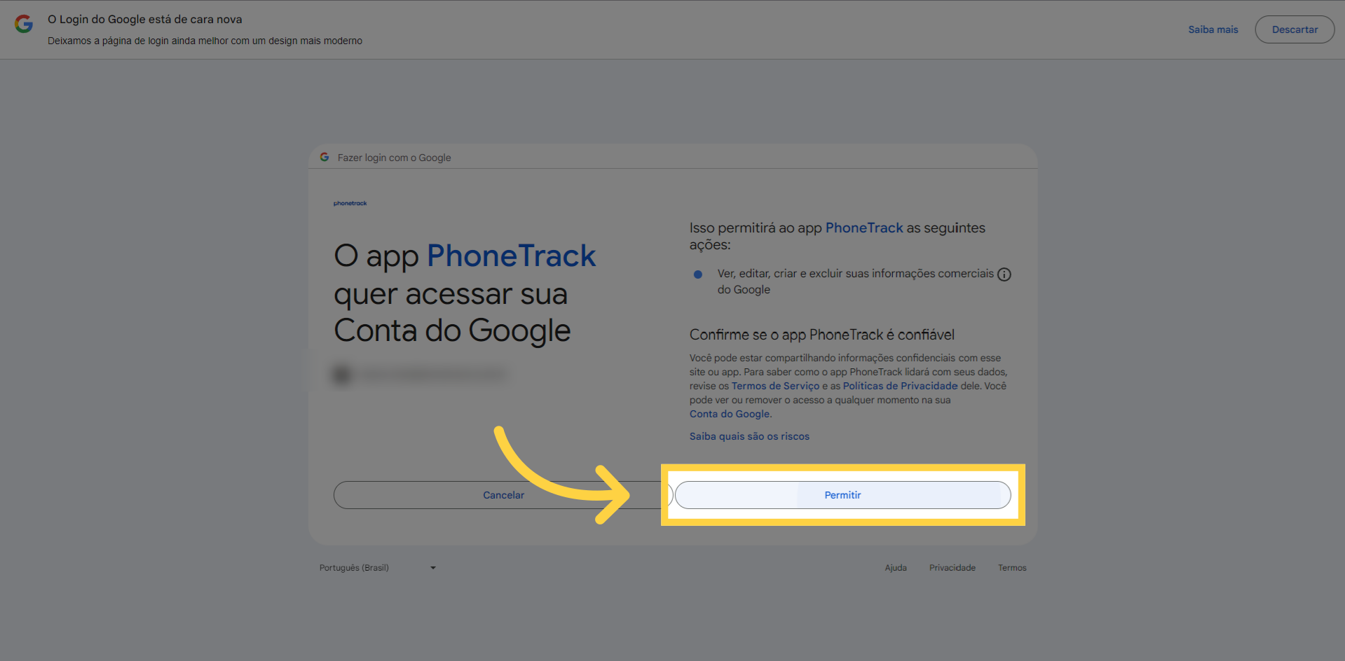 'Permitir' para que o app Phonetrack acesse a sua conta Google