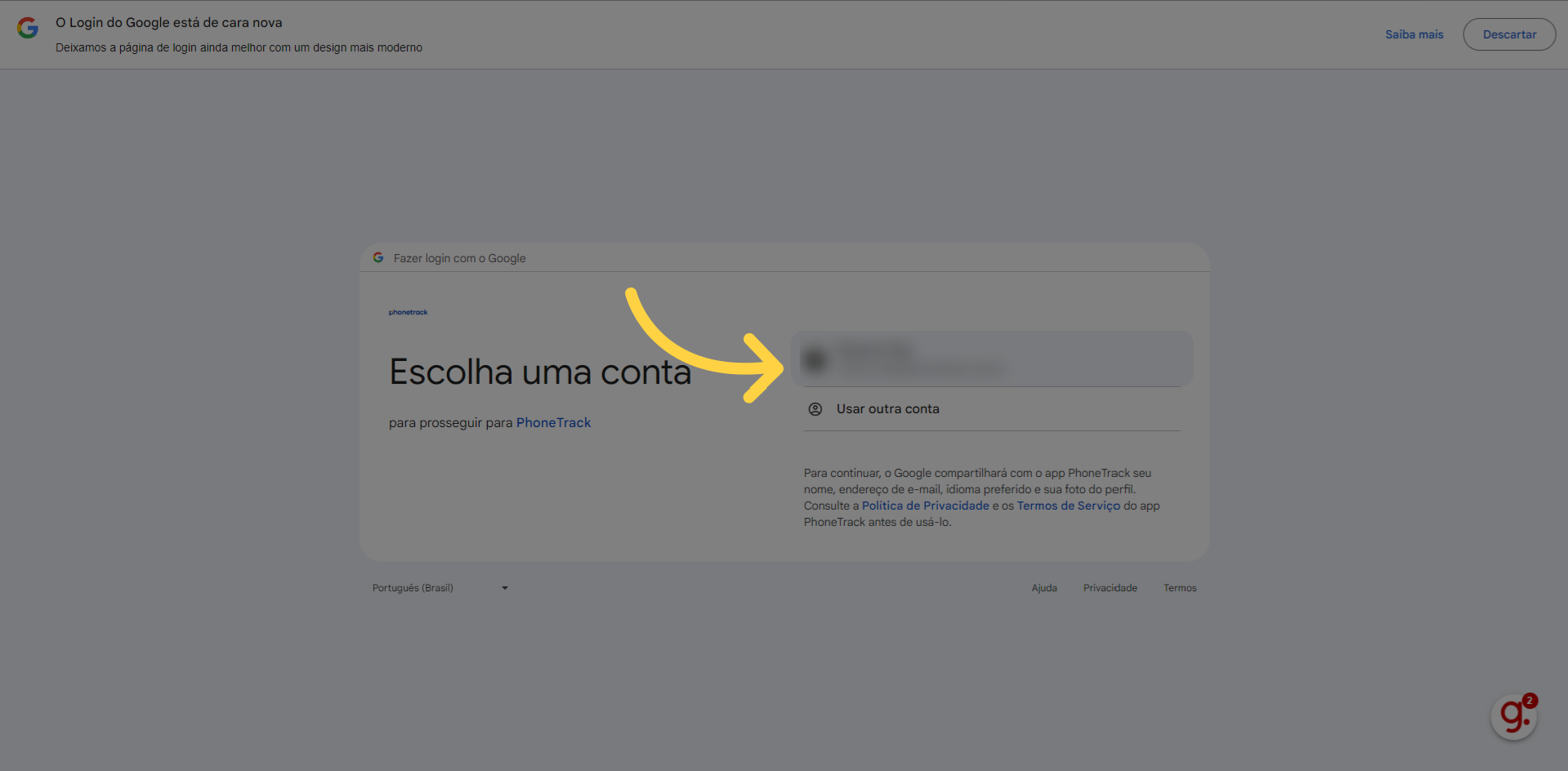 Verifique se a conta conectada é a correta