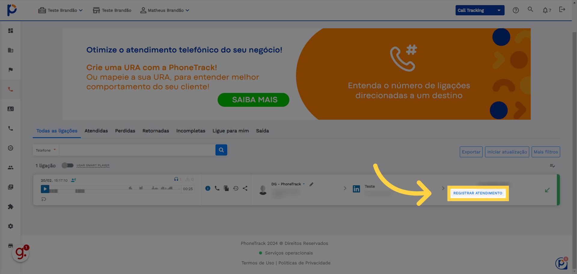 Clique em 'Registrar Atendimento'
