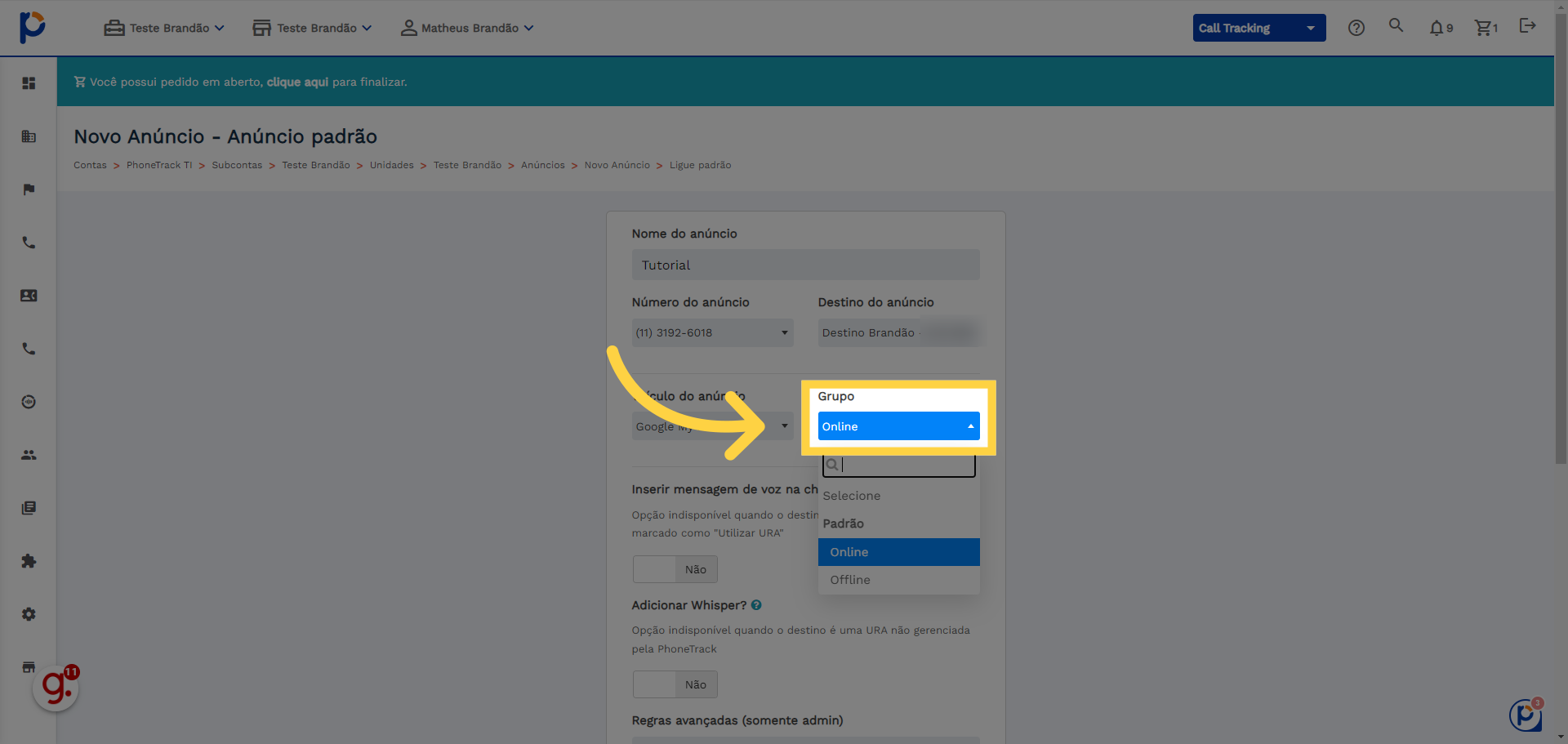 Em 'Grupo', selecione se seu anúncio vai ser online ou offline

ps: opcional