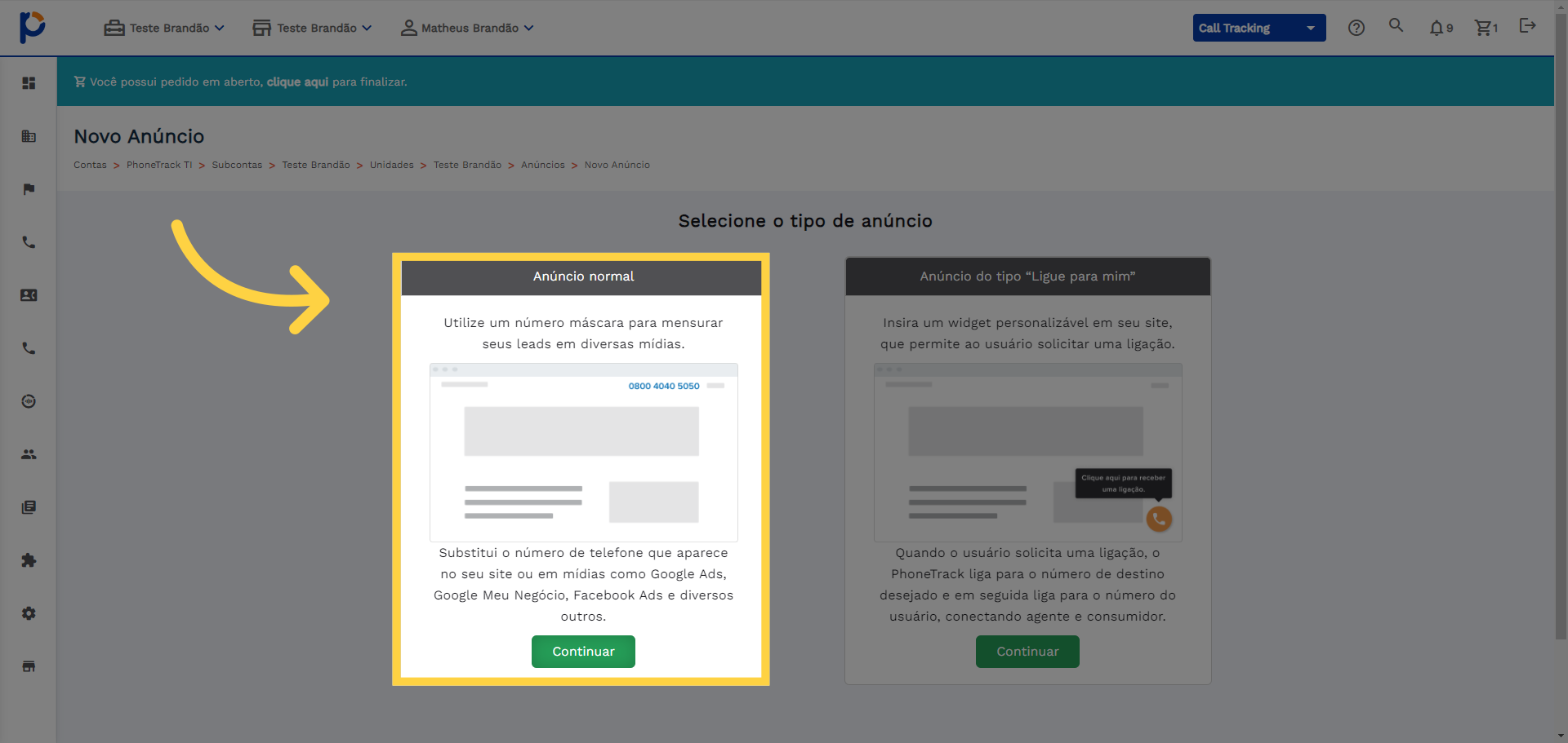 Selecione 'Continuar' na opção 'Anuncio Normal'