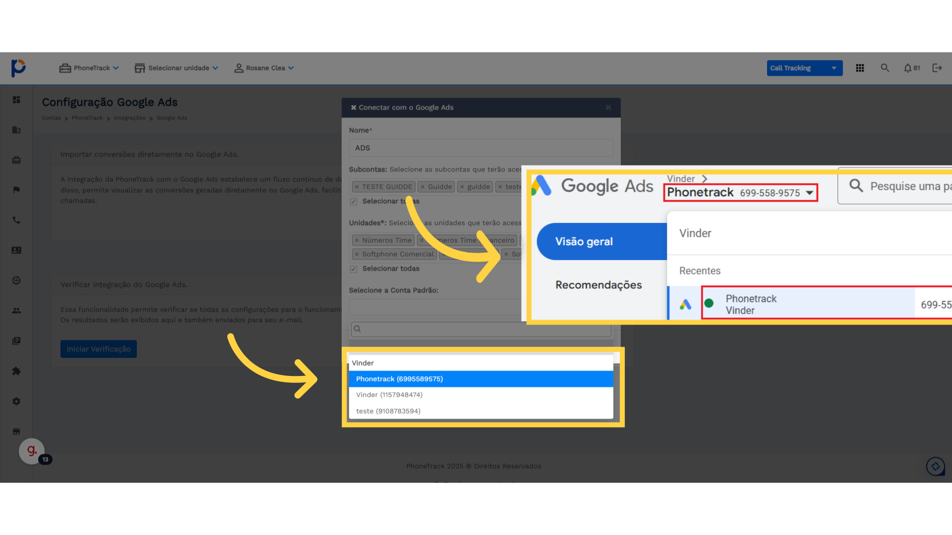 Selecione aqui a conta padrão correspondente com o Google ADS