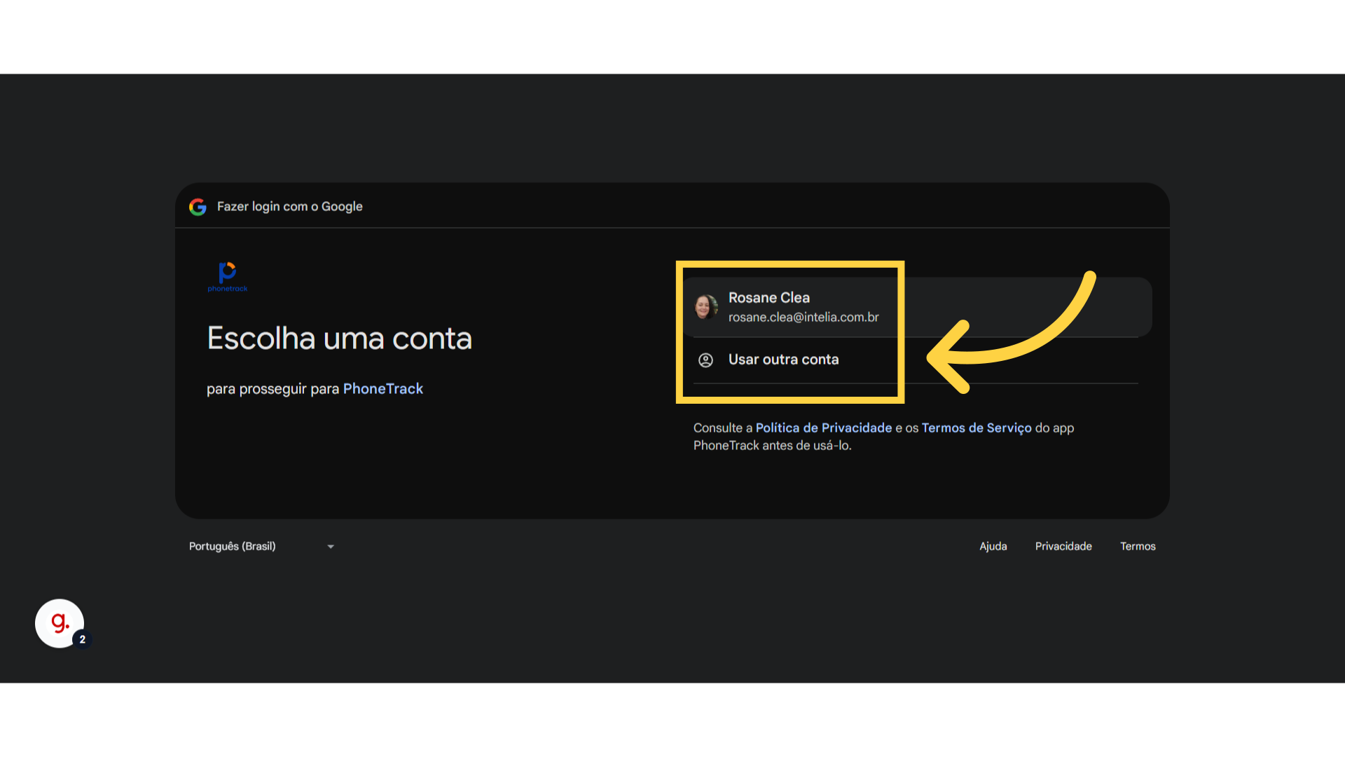 Selecione sua conta do google.