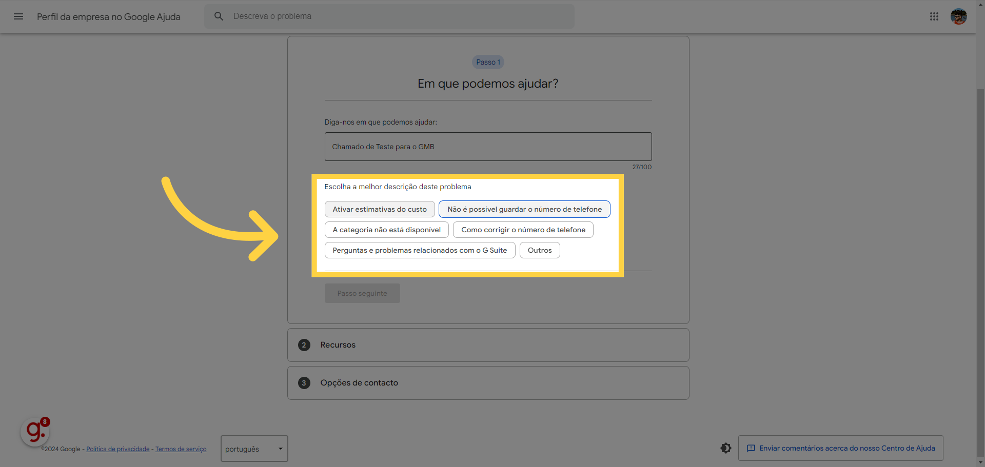 Clique na descrição do problema que mais se encaixa para seu caso
