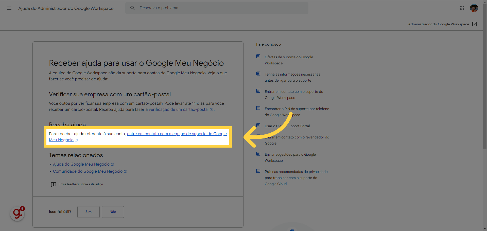 Clique em 'entre em contato com a equipe de suporte do Google Meu Negócio'