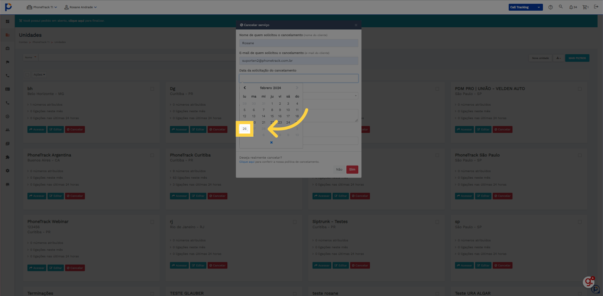 Selecione a data conforme solicitado