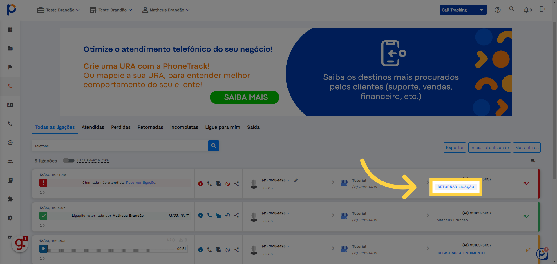 Clique em 'Retornar ligação'