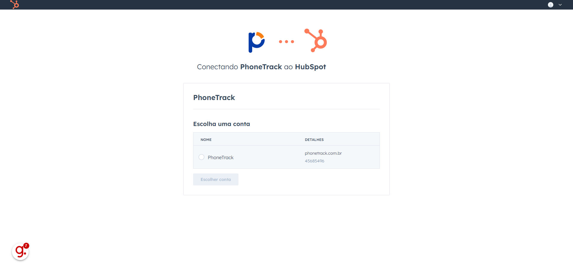 Essa página será aberta para você autenticar com o HubSpot, caso ja tenha uma conta logada nesse navegador.