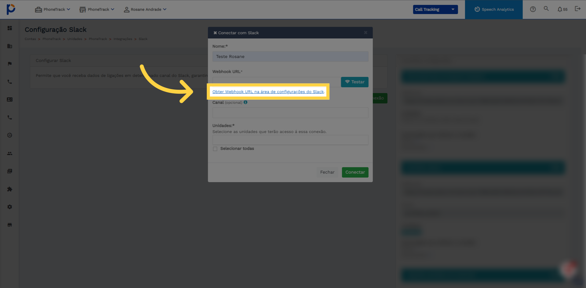 Clique 'Obter Webhook URL na área de configurações do Slack'