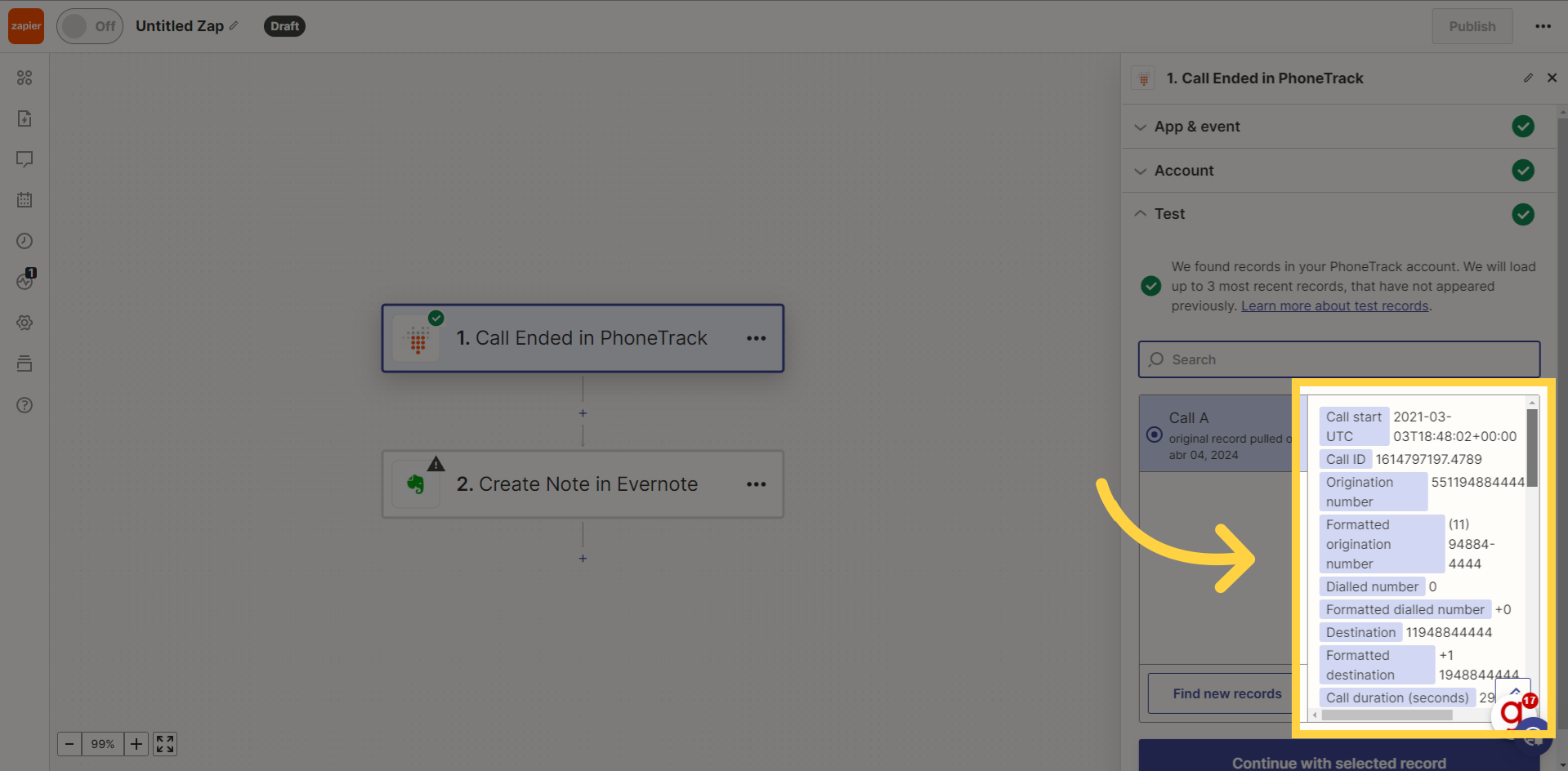 Será exibido o exemplo de dados recebidos do Calltracking