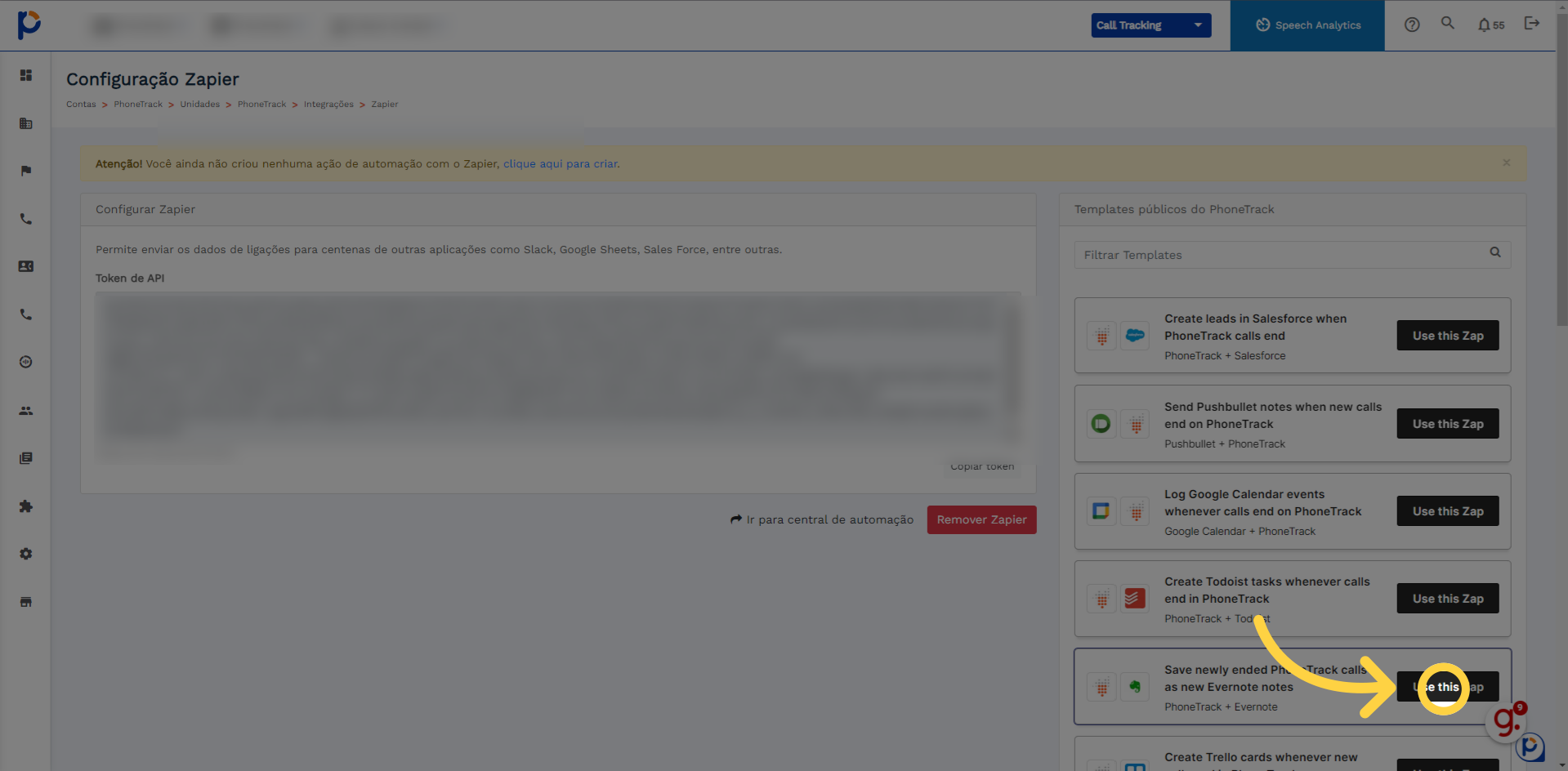 Clique em conectar no exemplo abaixo, nesse caso usamos o 'evernote'. Clique em 'Use this Zap'