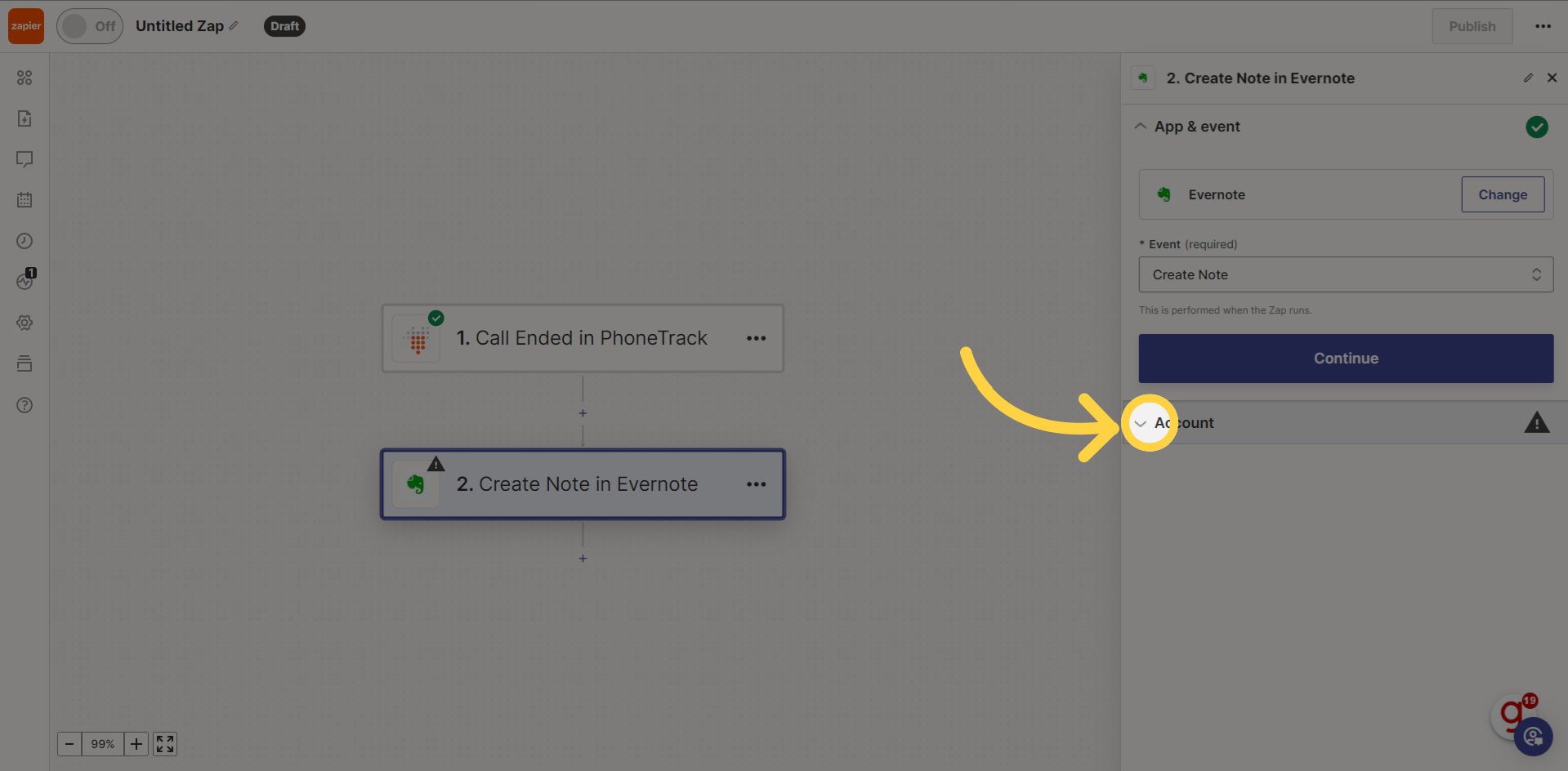 Clique 'Account' para conectar a sua conta no app desejado, nesse caso usamos o 'Evernote'