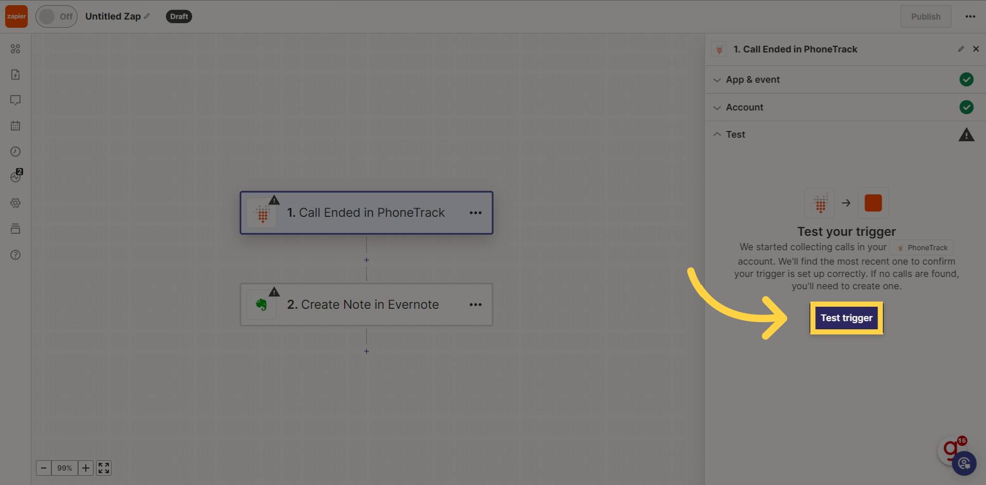 Clique 'Test trigger' para validar se está funcionando