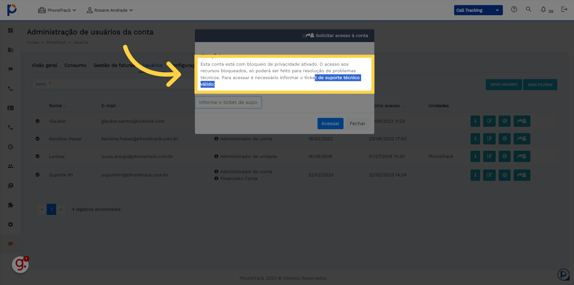 Clique na opção indicada para desbloquear o acesso à conta.