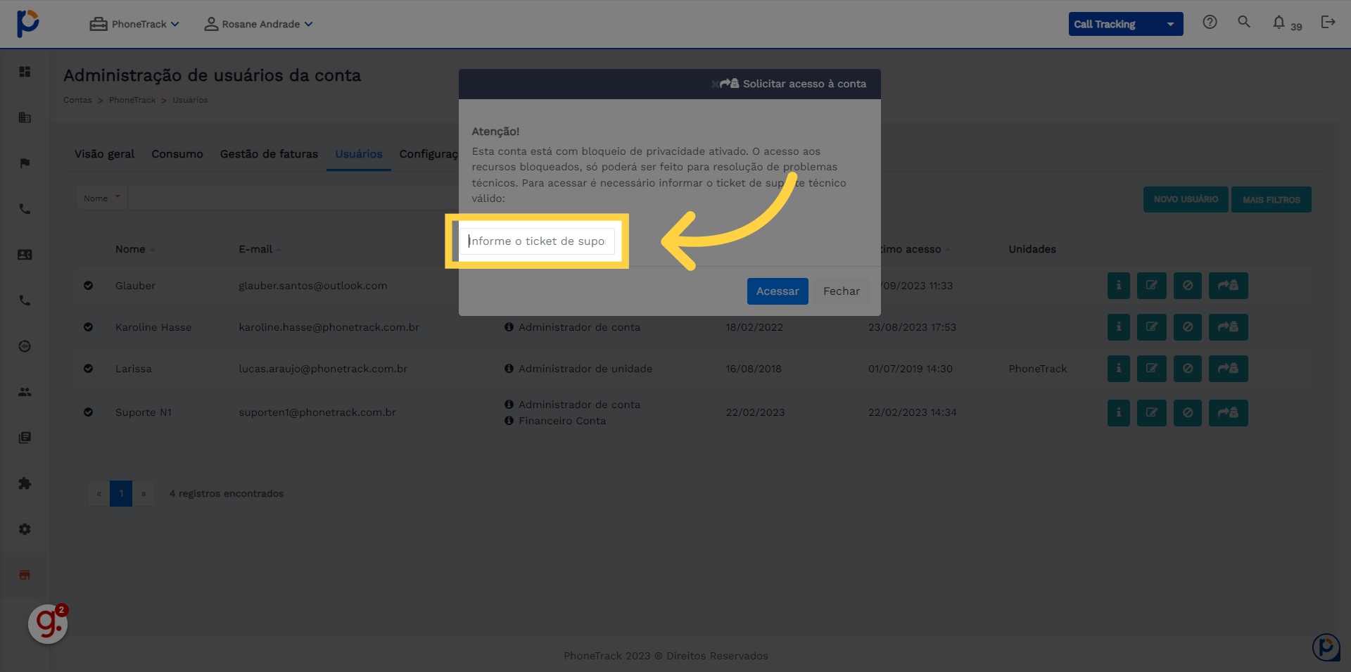 Clique 'Informe o ticket de suporte válido.'