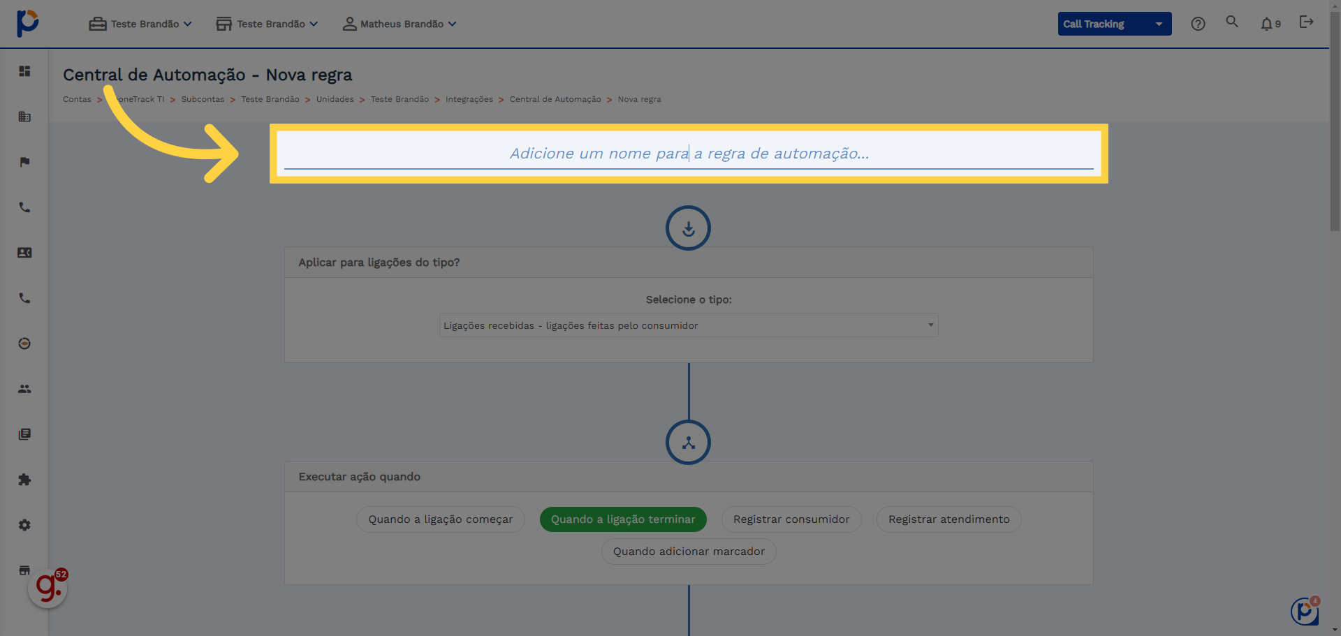 Crie um nome para sua automação