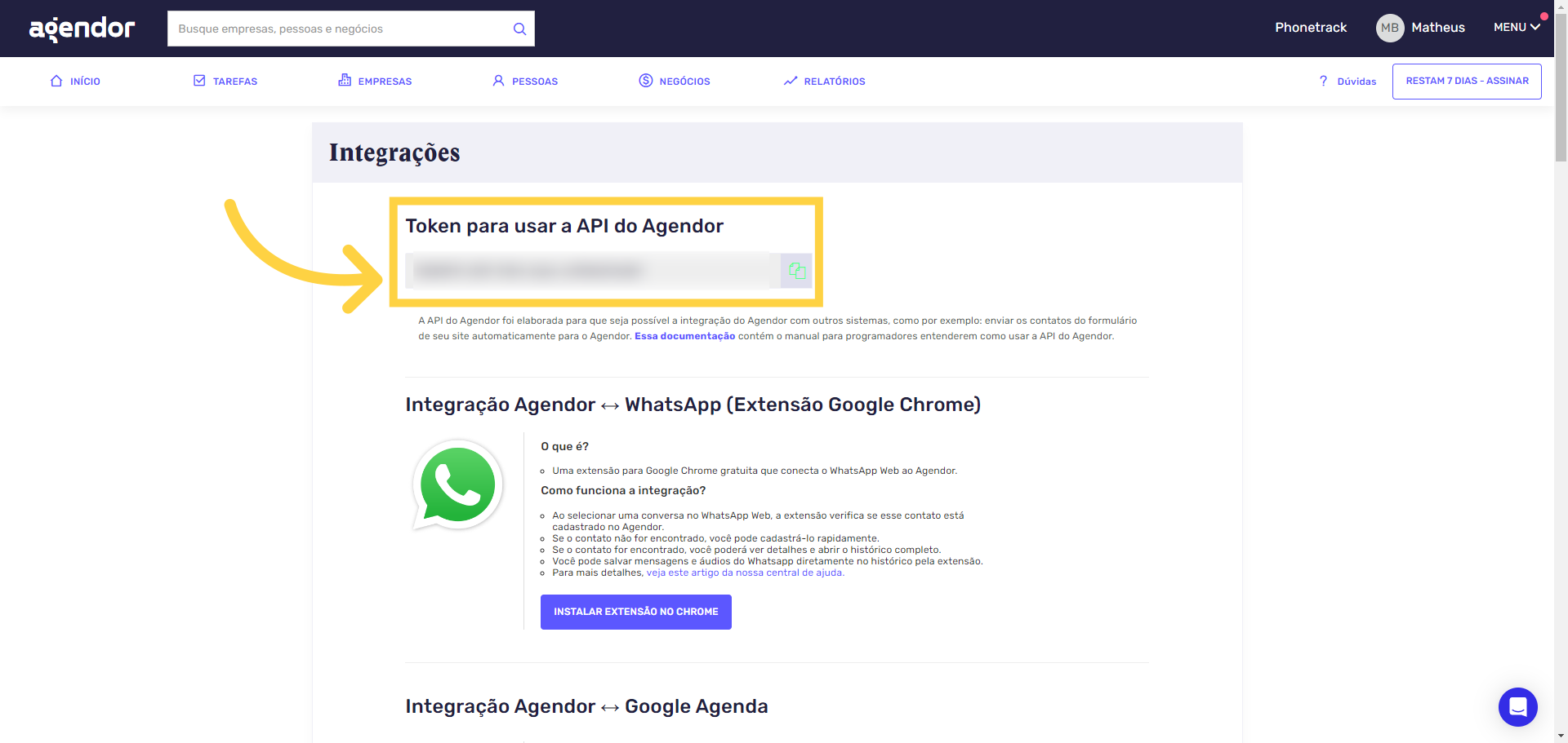 Copie o seu token: