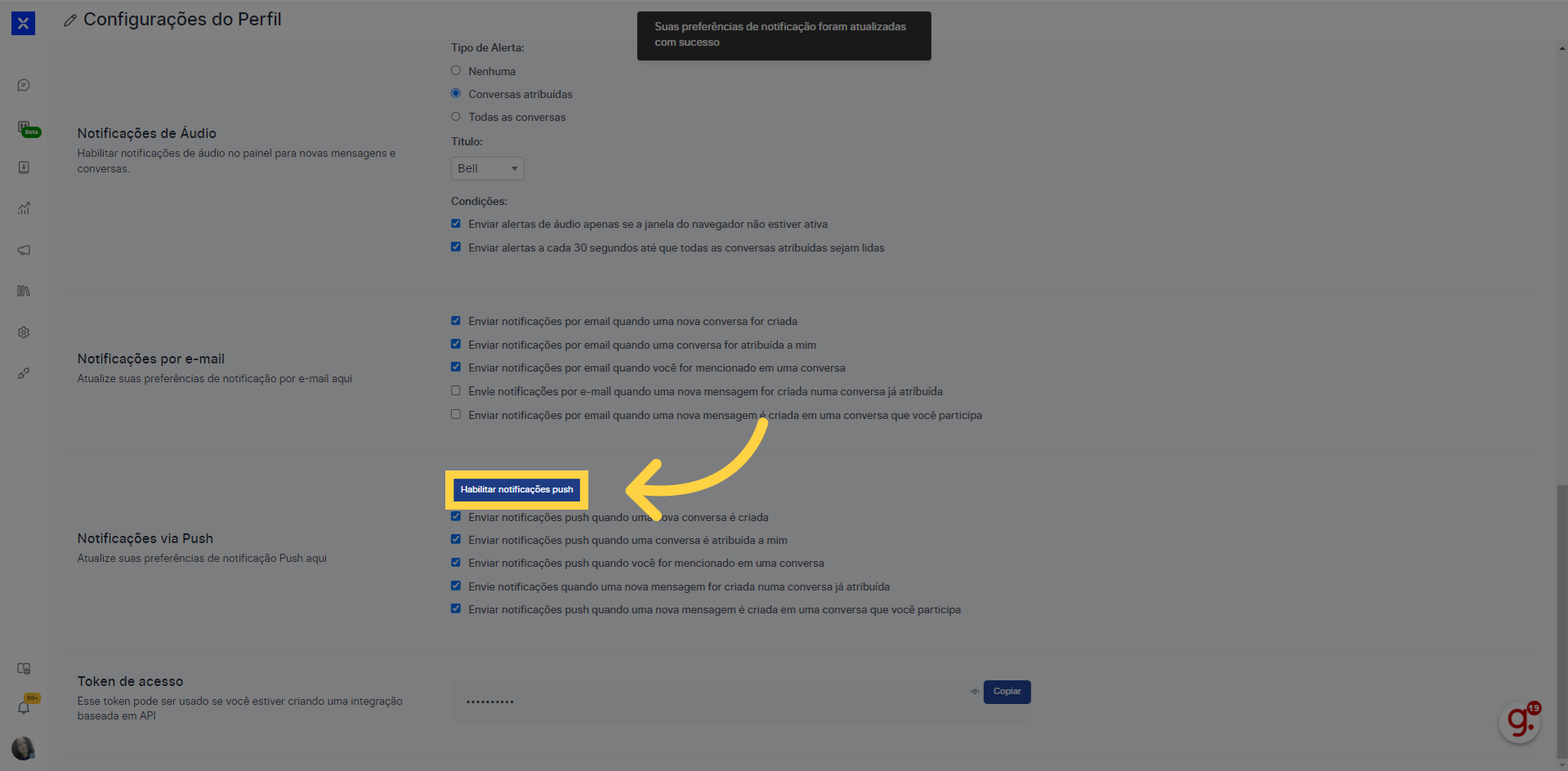 Clique em 'Habilitar notificações push'