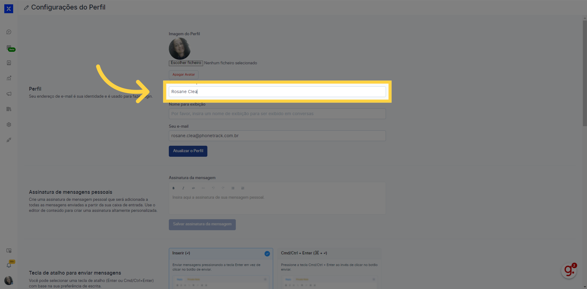 Clique no 'Seu nome' para editar