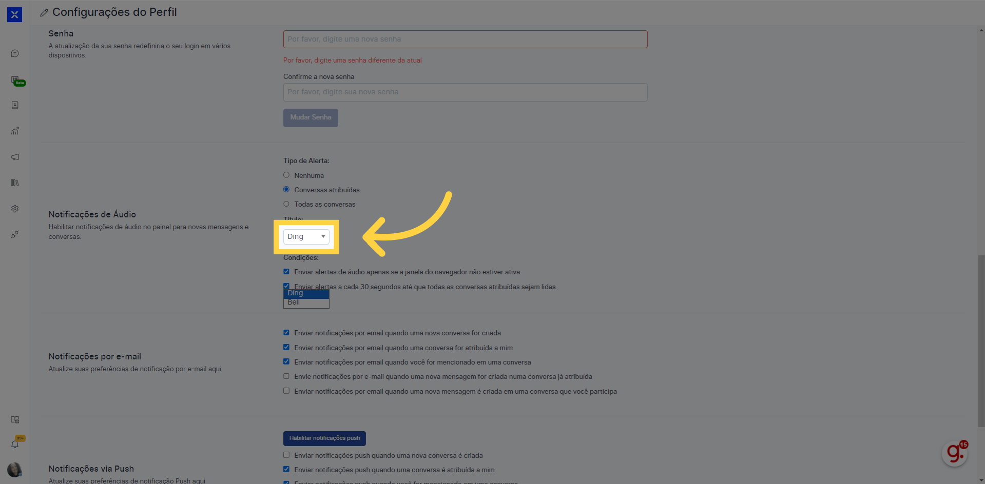 Aqui você pode escolher o tipo sonoro de notificação.