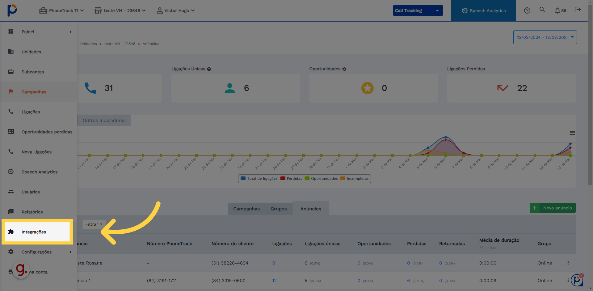 Após acessar sua conta, navegue até o menu lateral esquerdo e clique em 'Integrações'