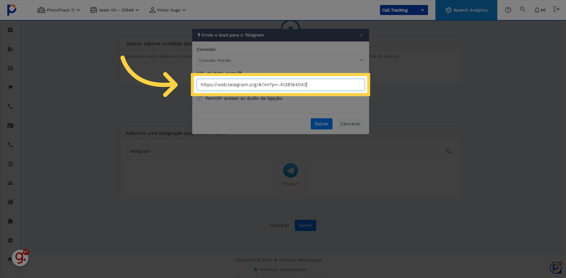 Preencher 'https://web.telegram.org/#/im?p=-4138164043'

o telegram vai te entregar no final da URL um codigo, nesse exemplo '-4138164043' o restante do link é padrão da phonetrack 'https://web.telegram.org/#/im?p='