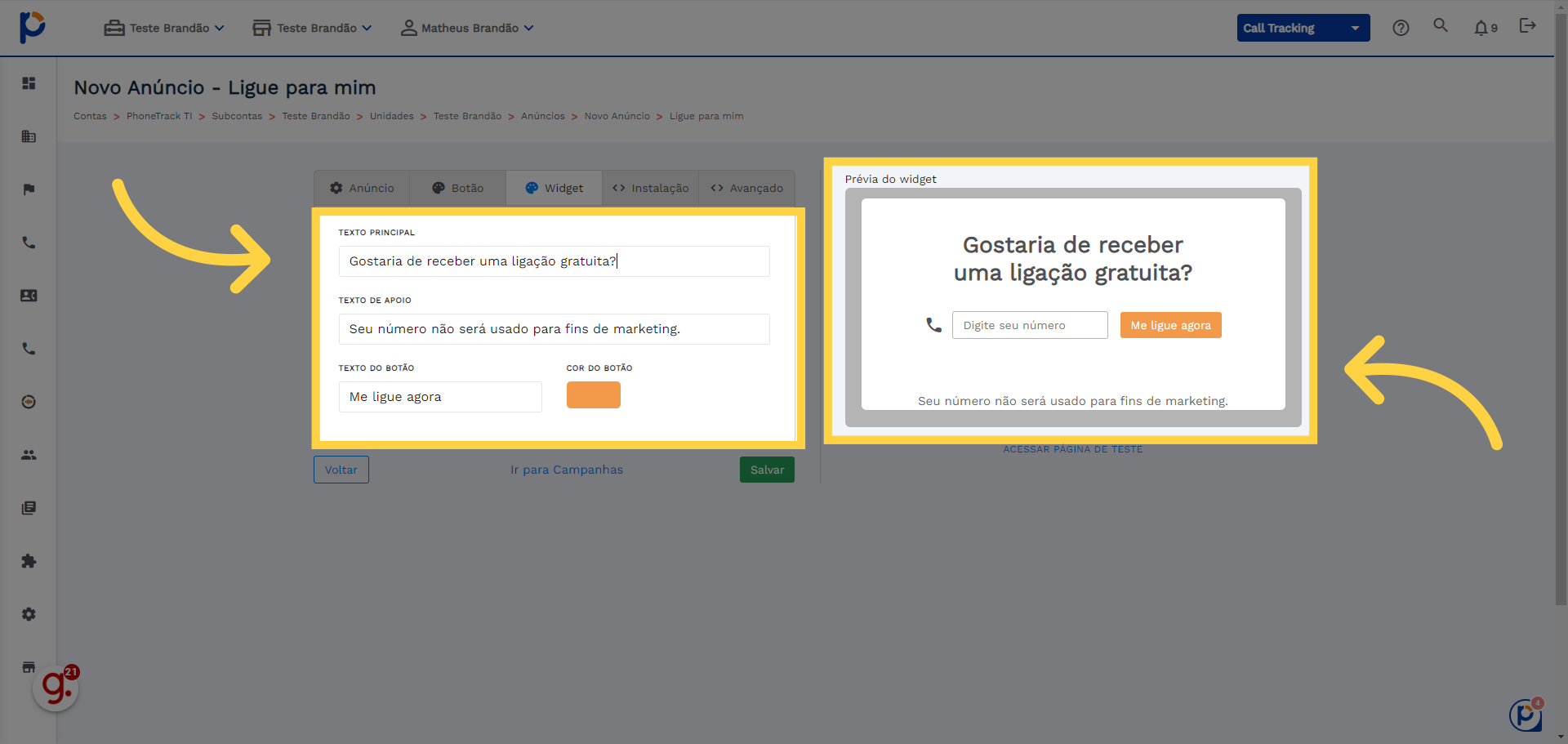 Configure o Pop-up do Widget como preferir: