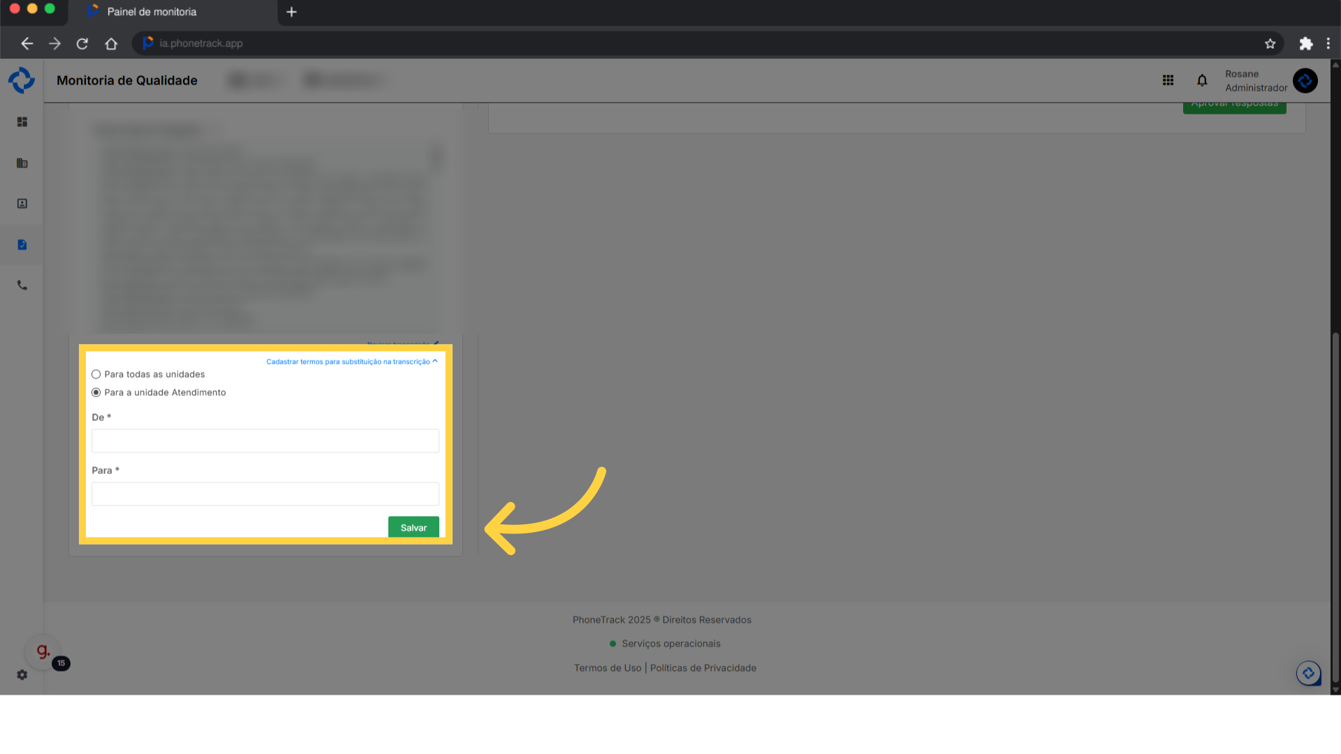 Clique ' Cadastrar termos para substituição na transcrição'