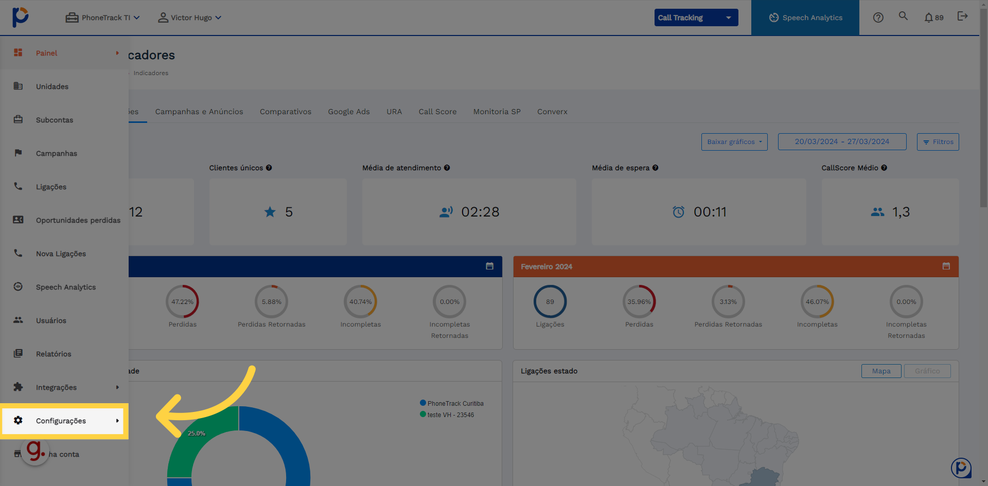 Após acessar sua conta clique em  'Configurações'