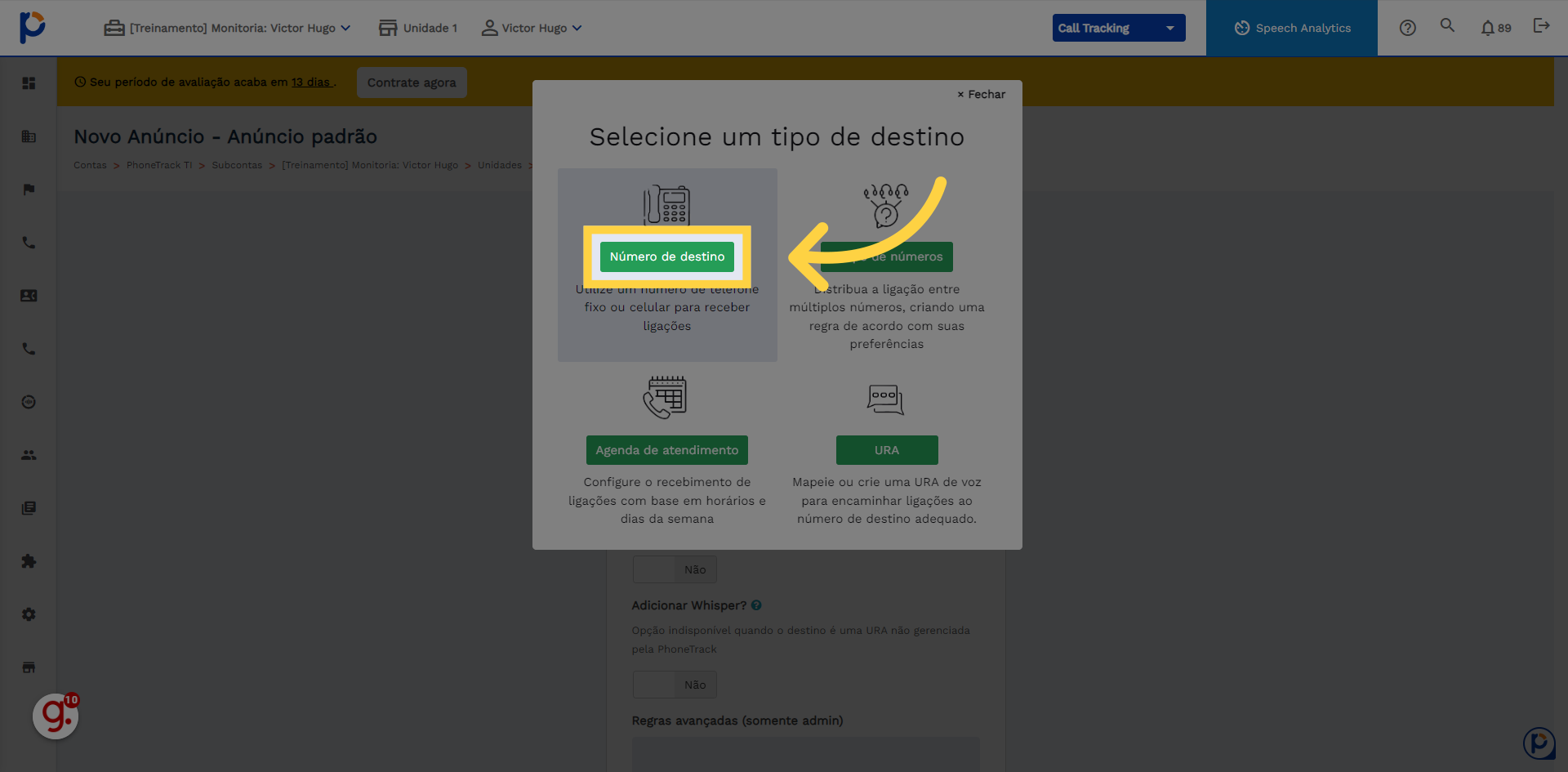 Clique 'Número de destino'