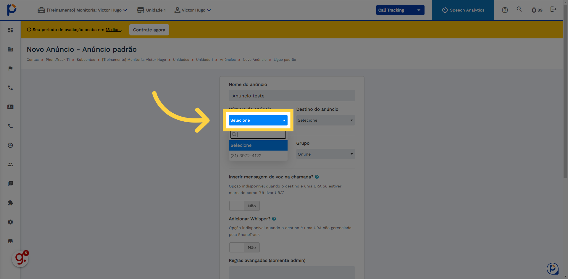 Clique para selecionar o número desejado, Lembrando que o número já deve ter sido comprado com o CS da conta ou pelo painel