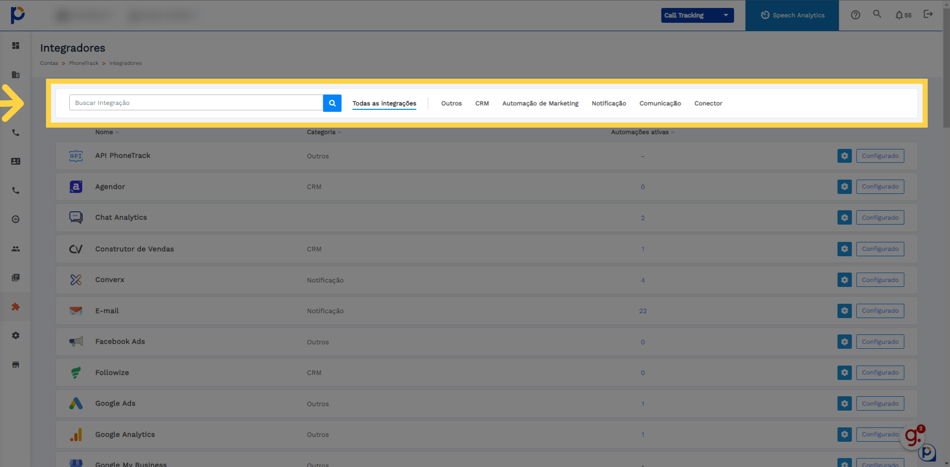 Clique 'Todas as integrações
Outros
CRM
Automação de Marketing
Notificação
...'