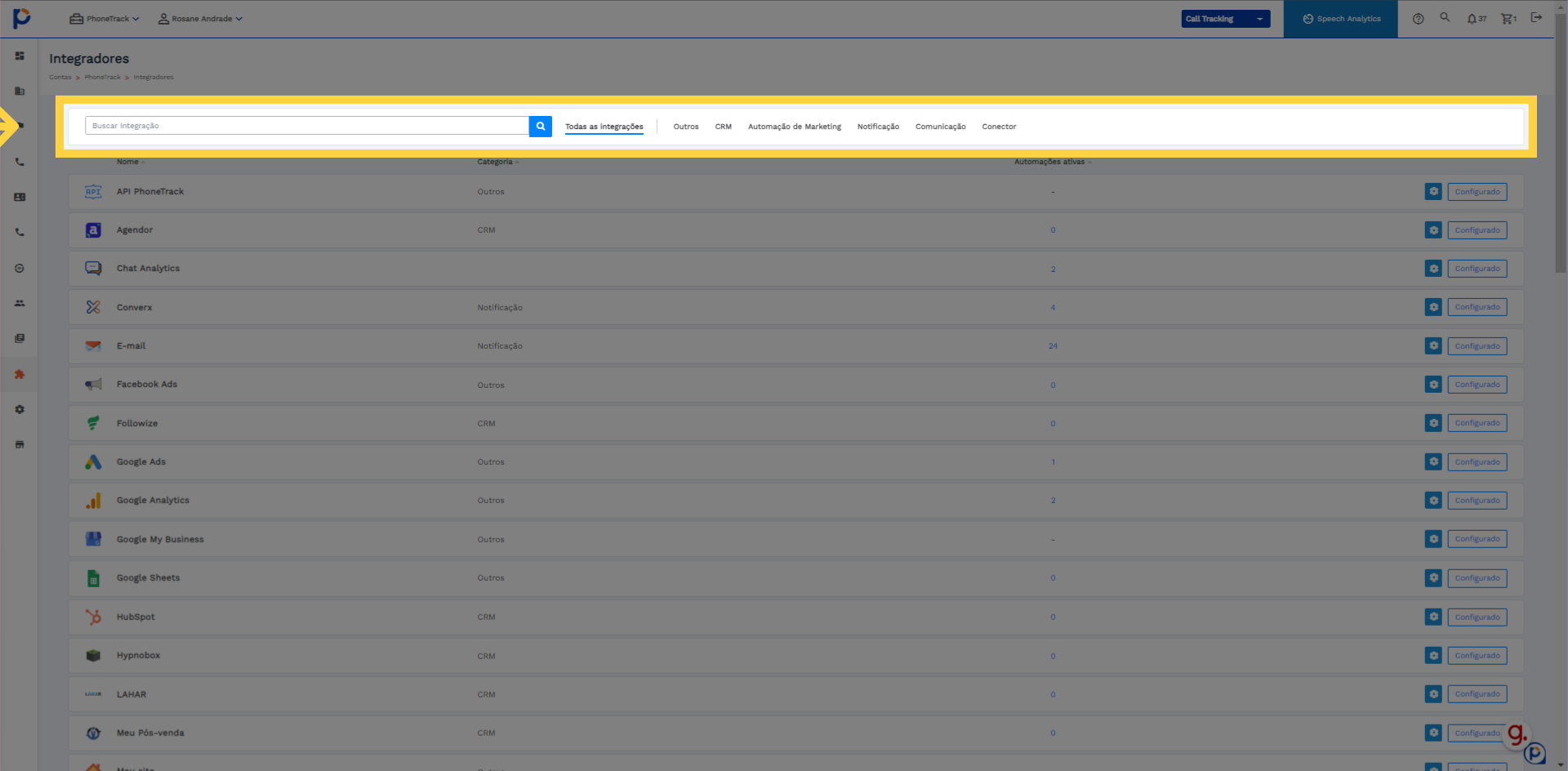 Clique 'Todas as integrações  
              Outros
            
              CRM
            
              Automação de Marketing
            
              Notificação
            
             ...'