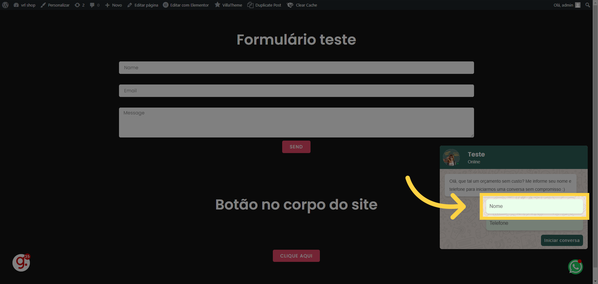Envie um lead de teste
