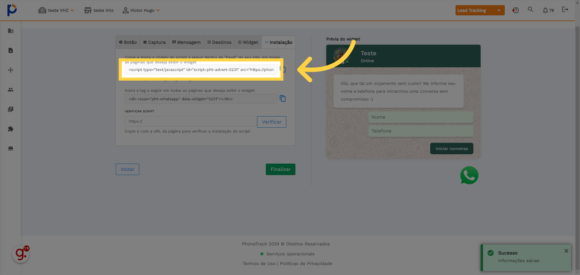 Copie o script para inserir no site, essa primeira parte deve ser inserida no head do site todo