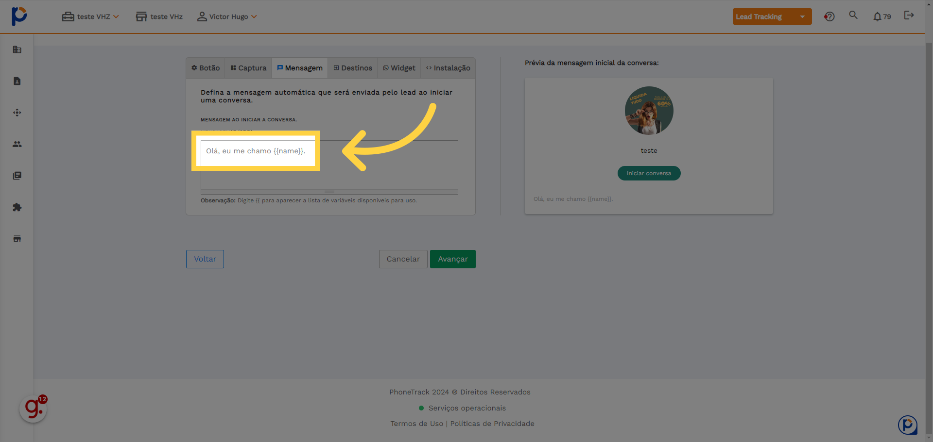 Aqui você pode configurar uma mensagem automática para quando o cliente enviar o contato pelo widget