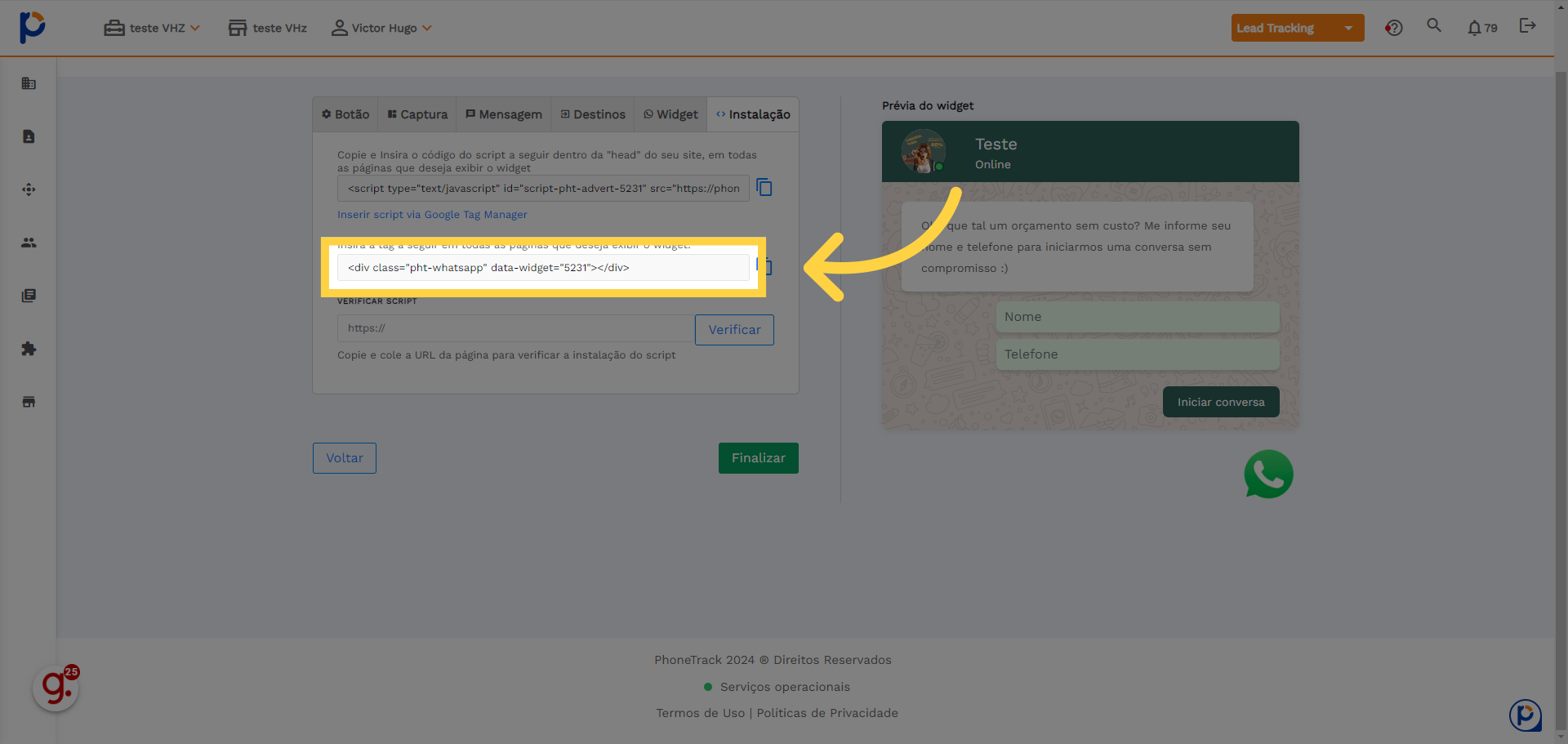 A segunda parte do código deve ser adicionada somente as páginas onde você deseja que o widget apareça, caso seja no site todo pode ser colocado no head do site junto ao primeiro script