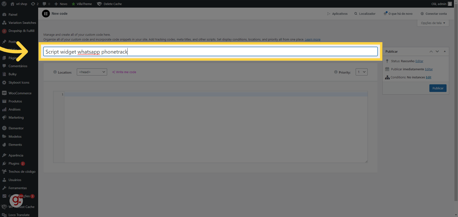 De um nome ao seu script, nesse exemplo 'Script widget whatsapp phonetrack'