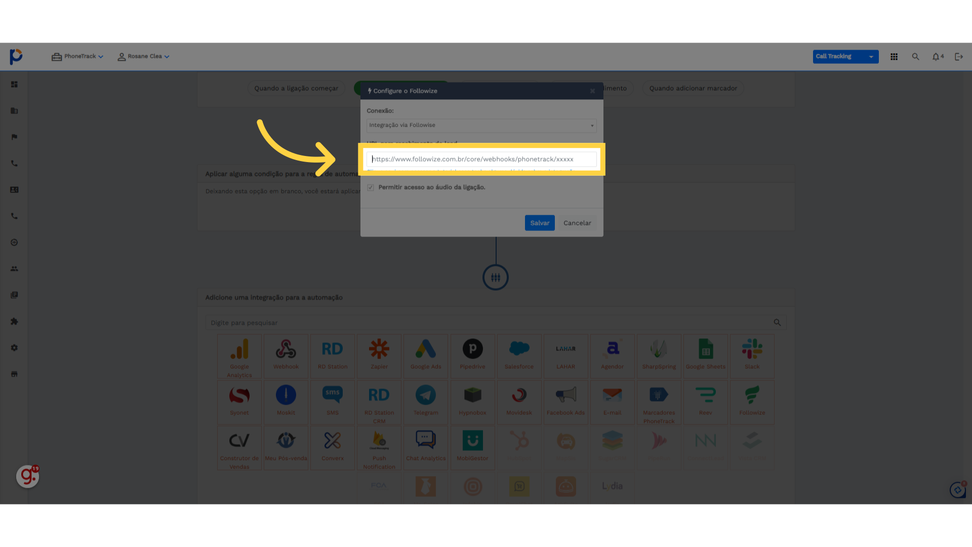 Clique 'https://www.followize.com.br/core/webhooks/phonetrack/xxxxx'