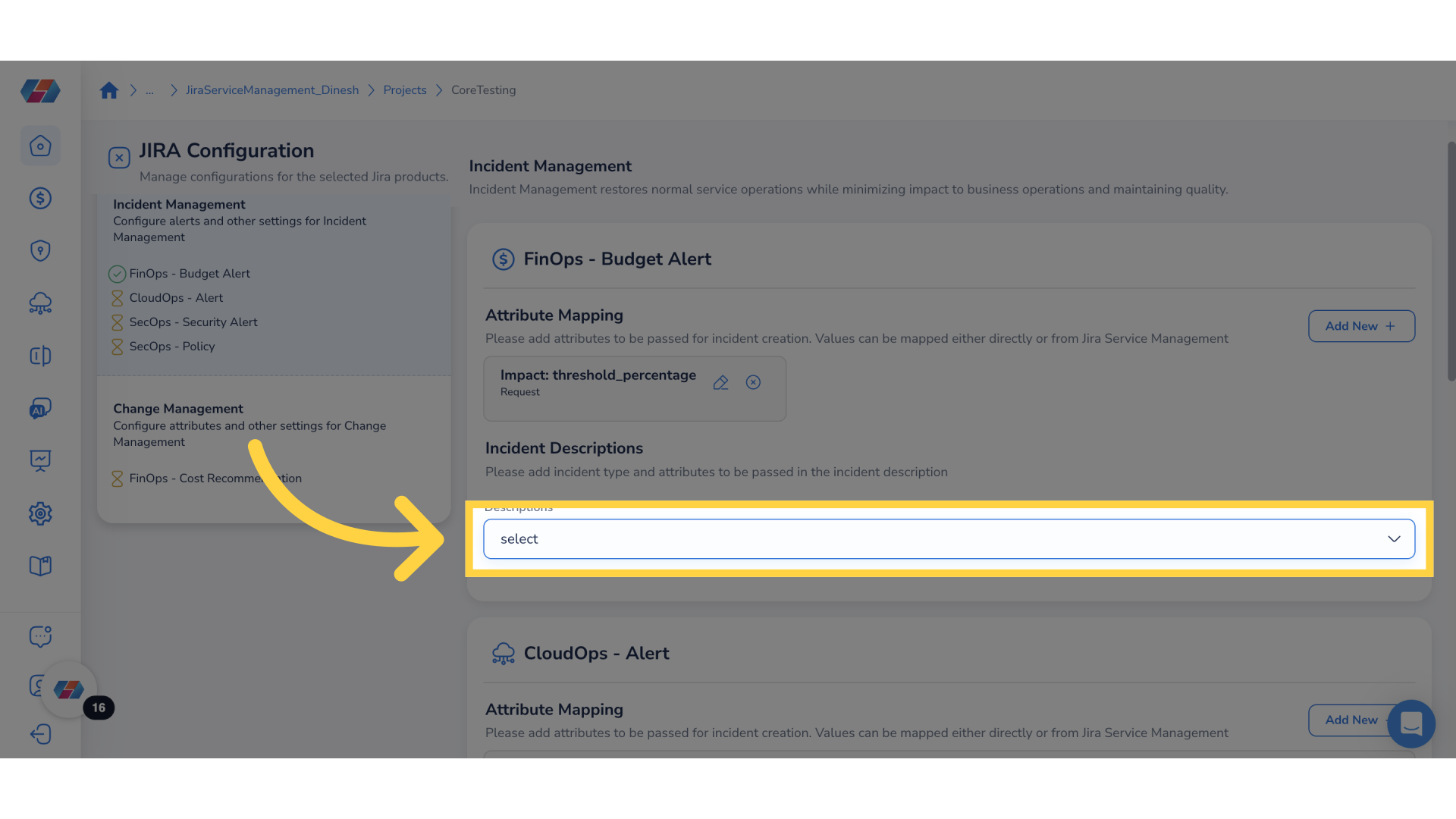 Select Options from 'Descriptions' drop-down
