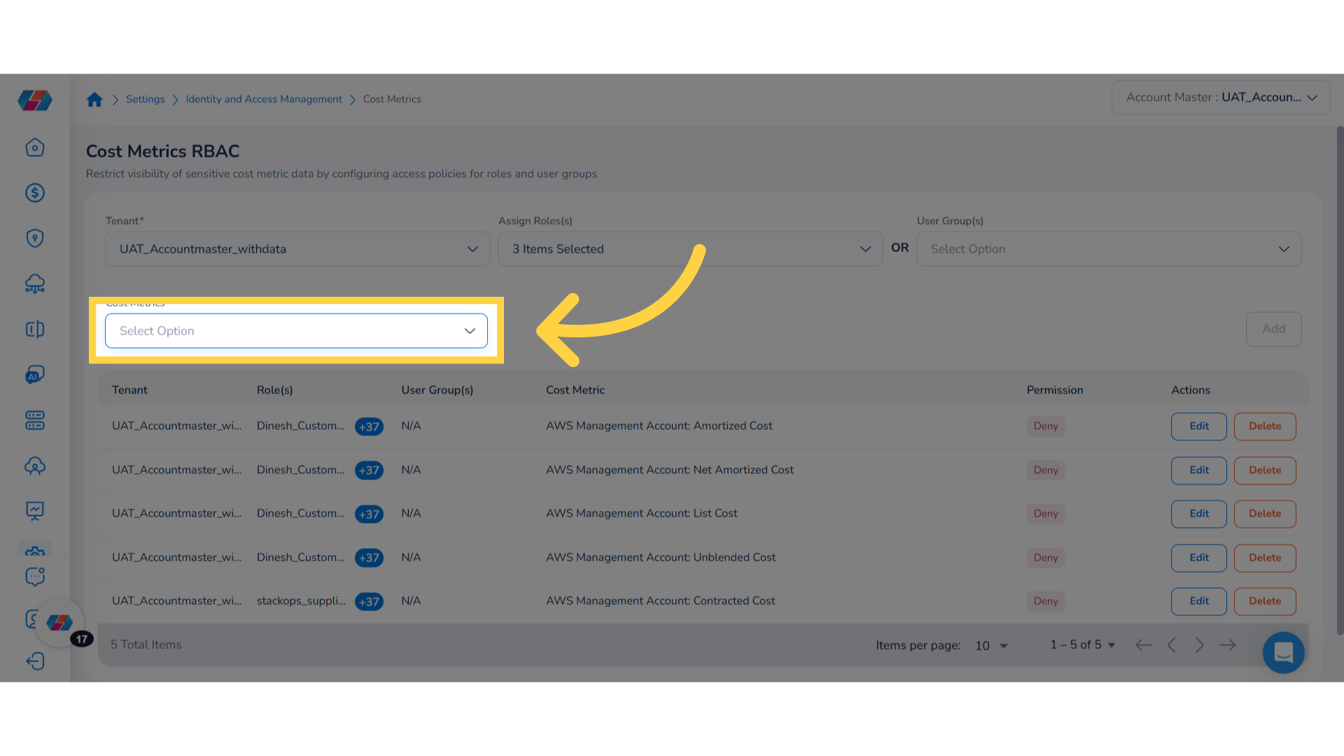 Select 'Cost Metrics'