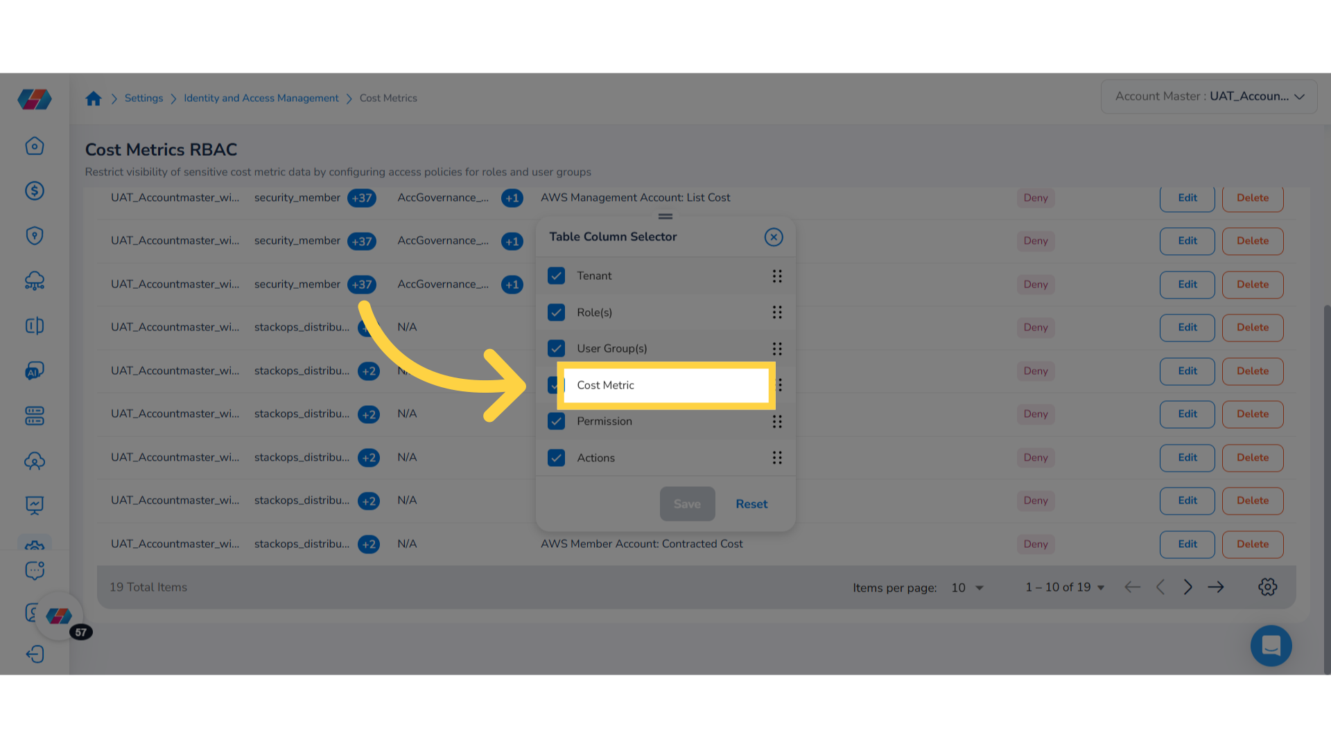 Open 'Table Column Selector'