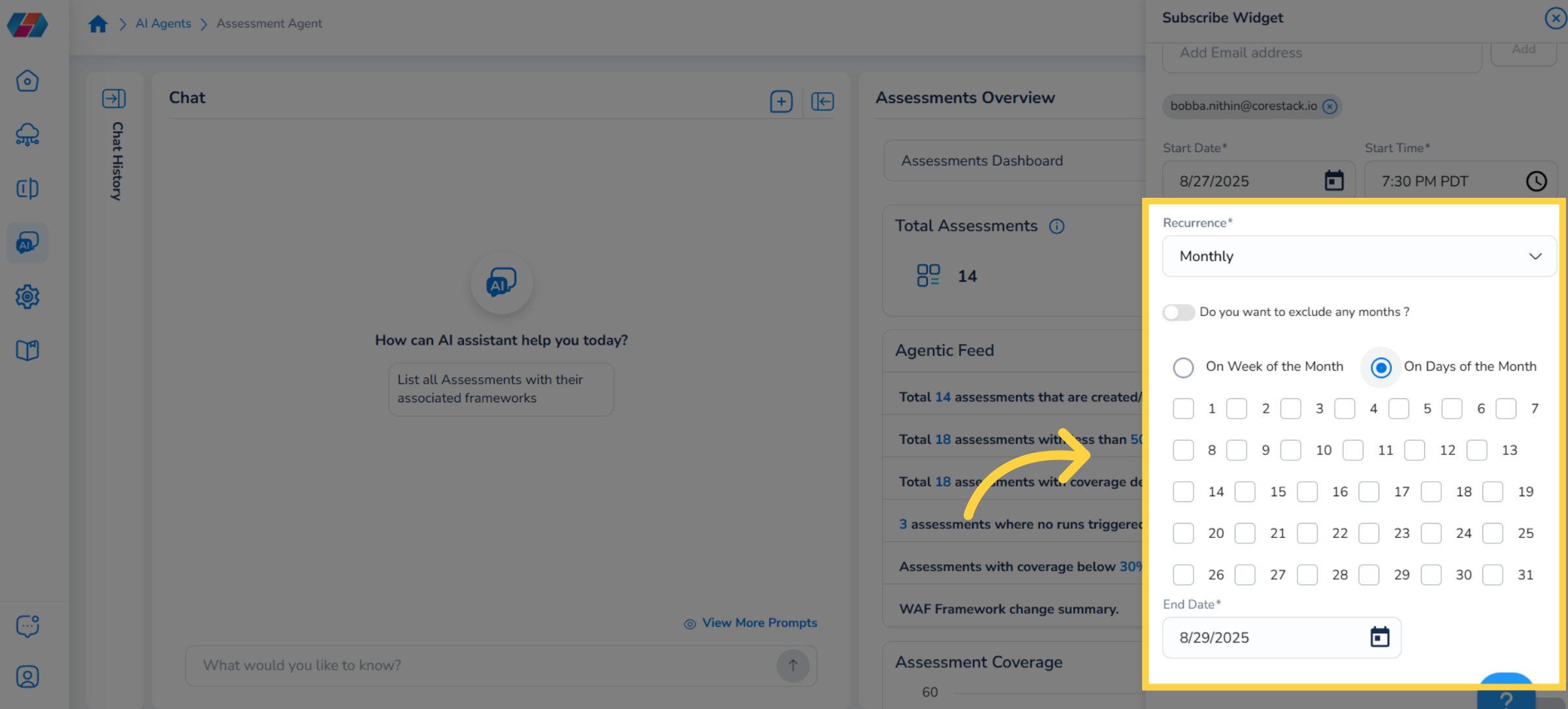 Select Recurrence as Monthly - On Days of the Month