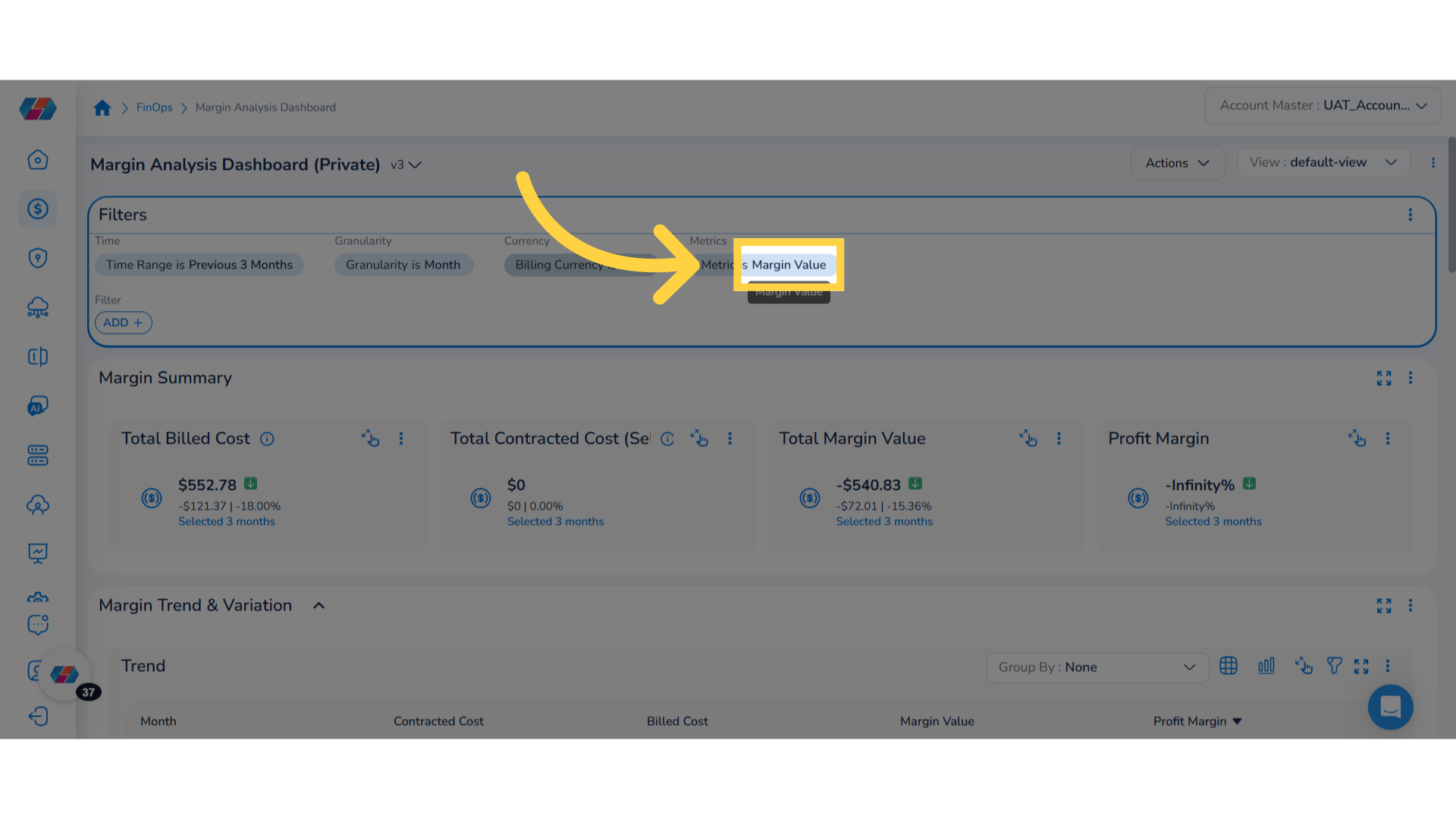 Select Value for 'Metrics' Filter