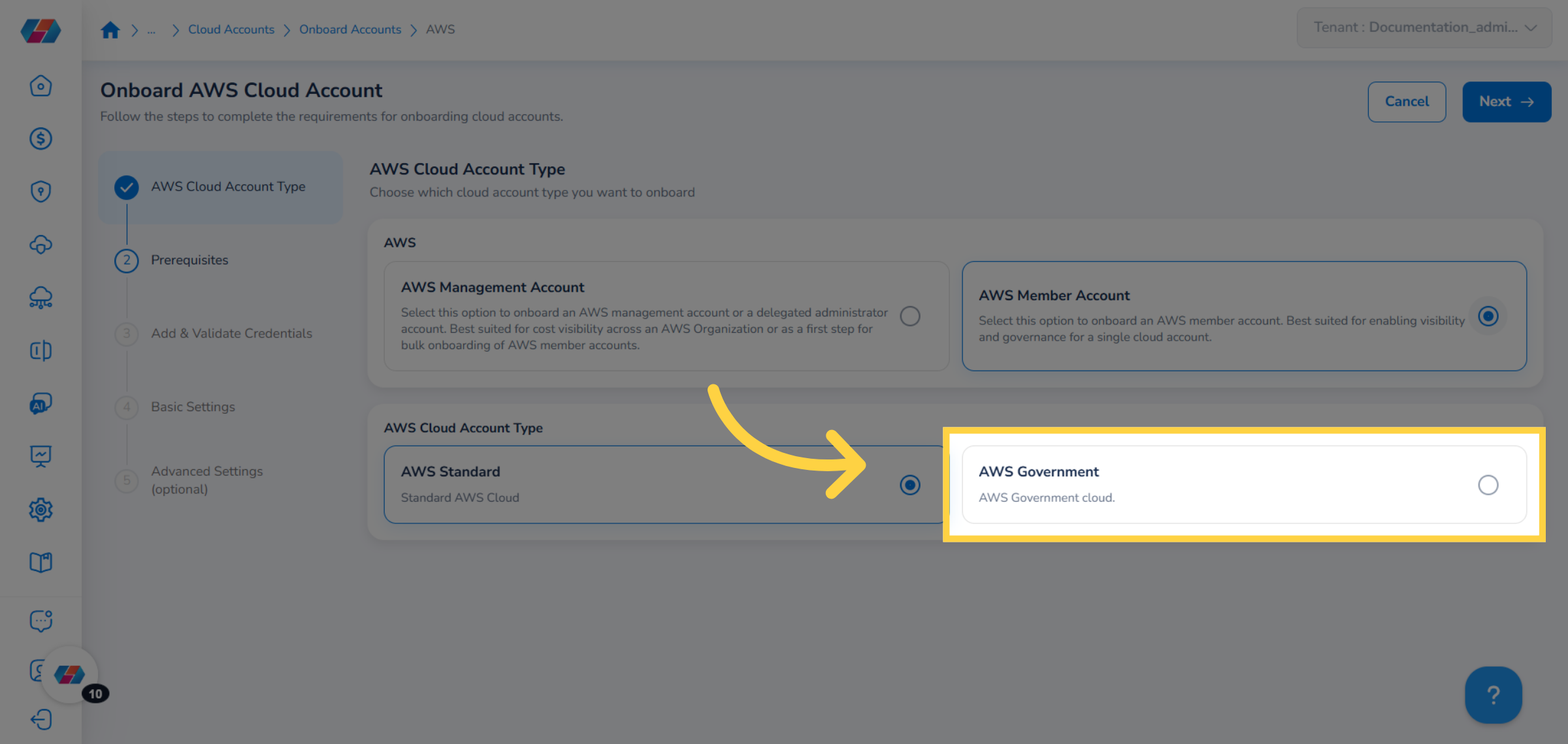 Select 'AWS Government'