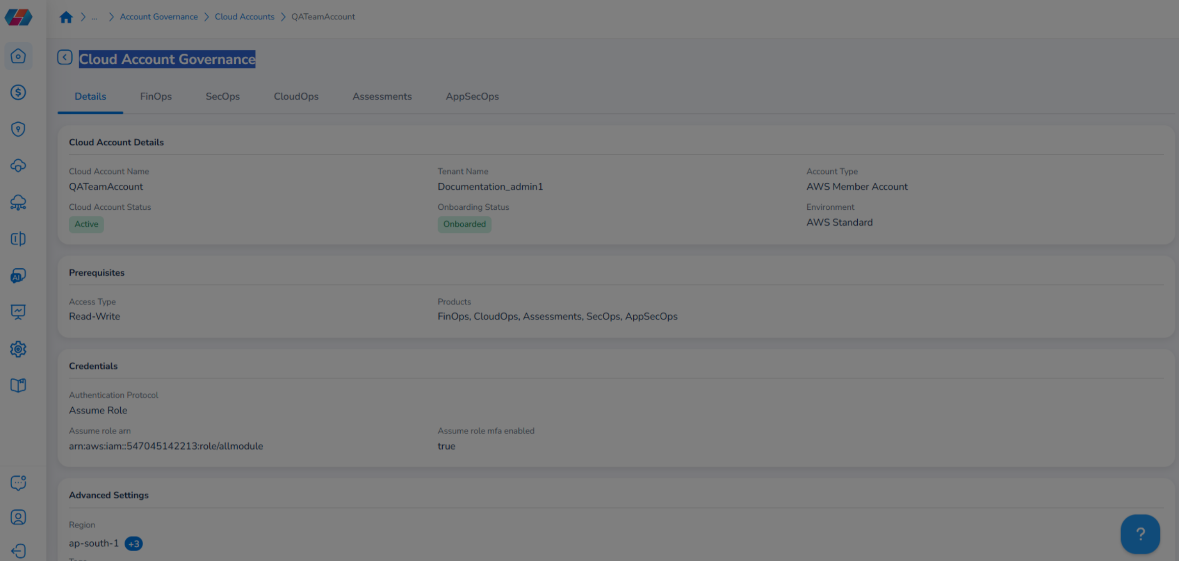 View the 'Cloud Account Governance' Page