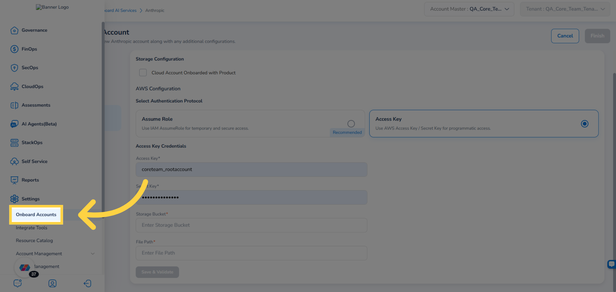 Click Onboard Accounts.