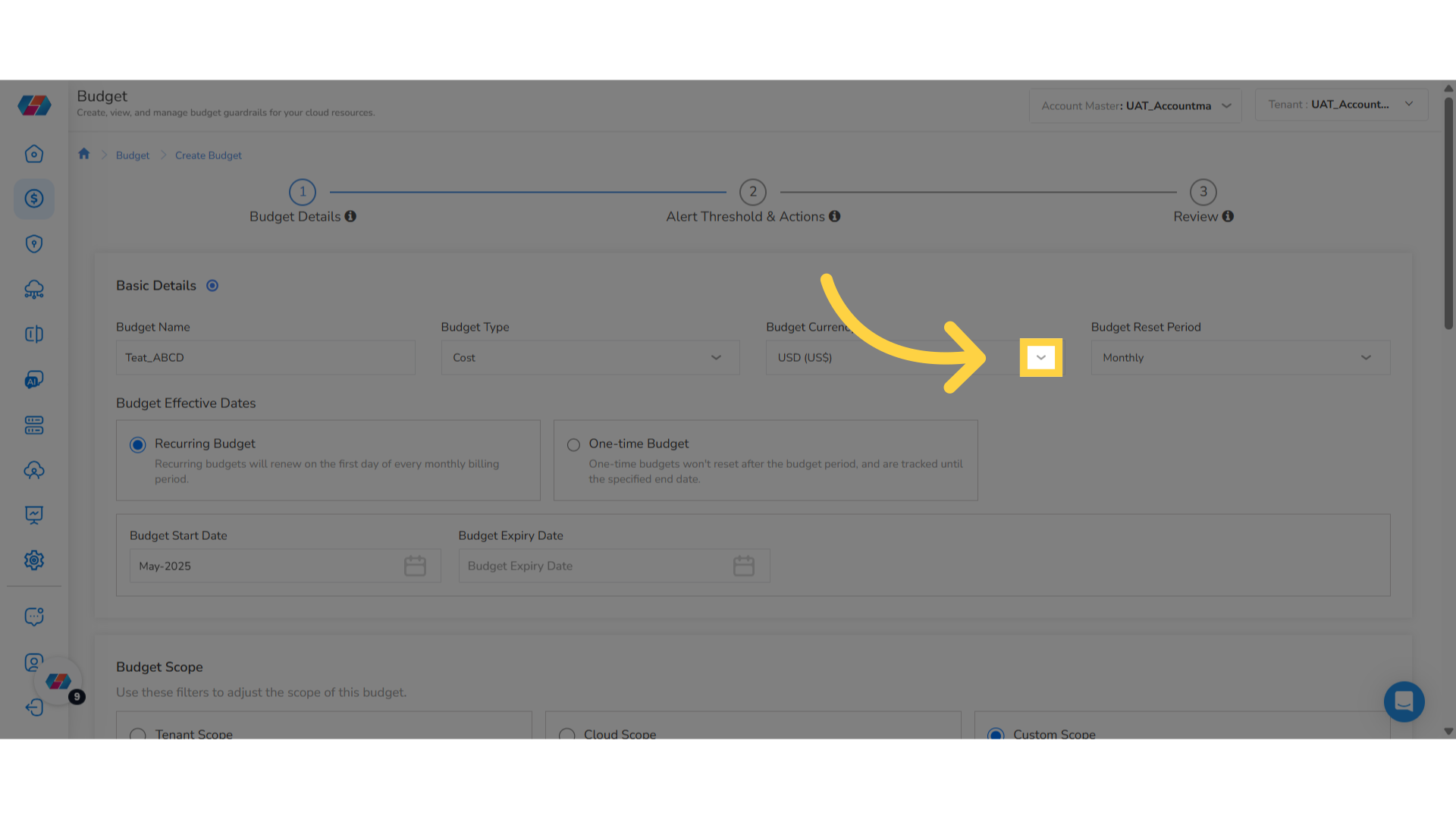 Select Budget Currency from drop-down