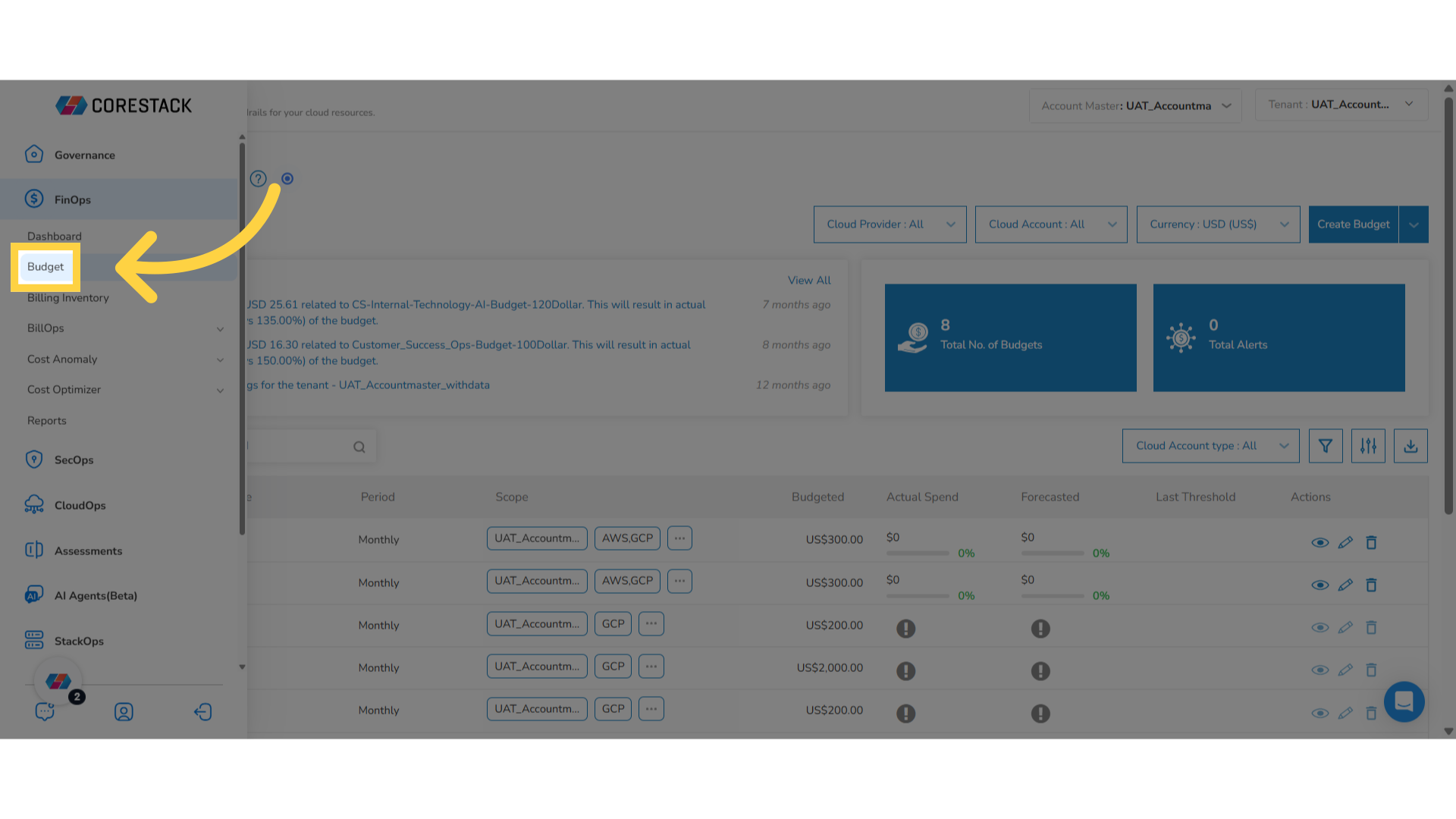 Select 'Budget' in the Menu